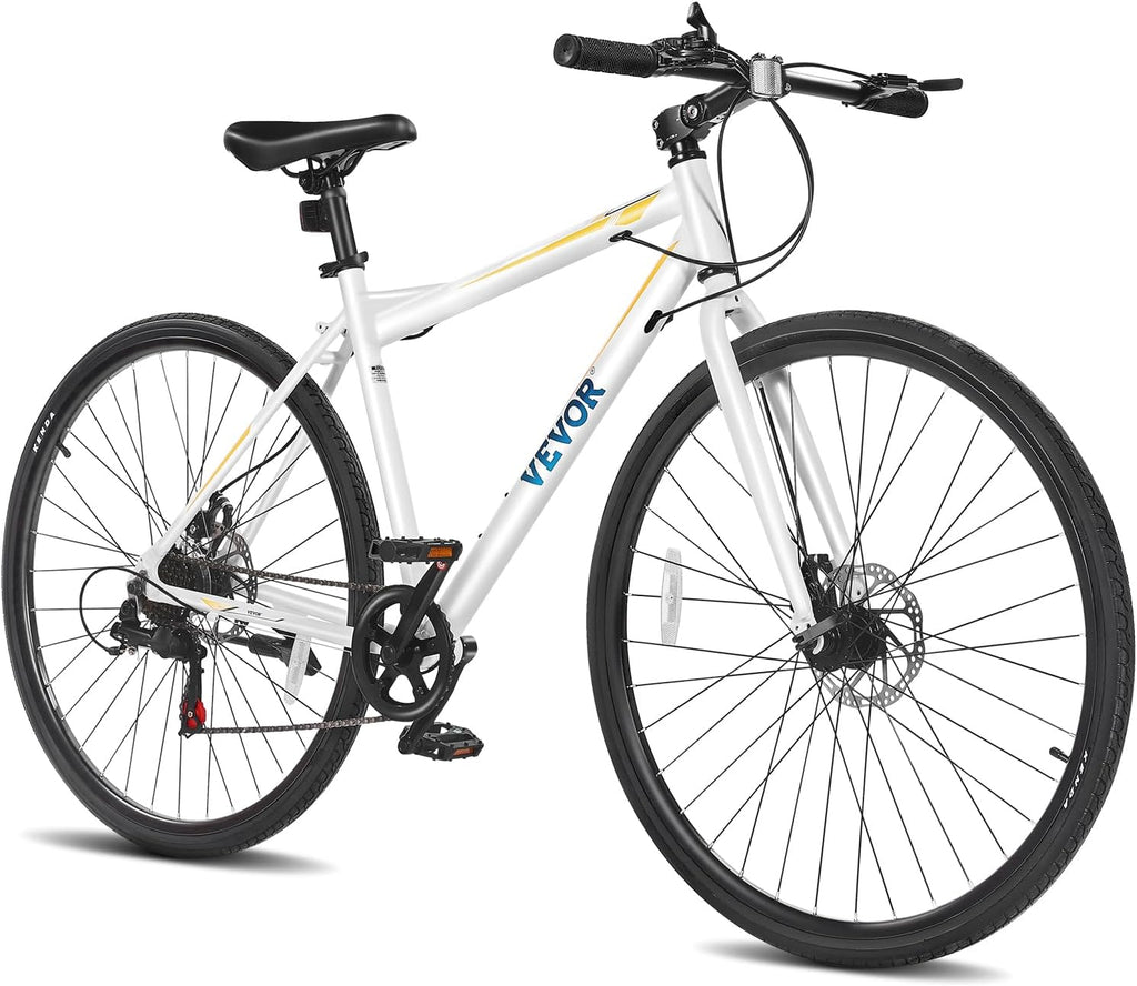 VEVOR Hybrid Bike, Lightweight Aluminum Frame Bike, 700c Wheel Men Women Hybrid Bicycle, Step-Over/Step-Through Adult Urban City Commuter Bikes, with 7/24 Speed, Alloy Adjustable Stem and Seat