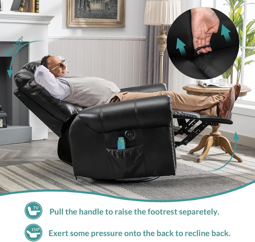 MEETWARM Oversized Swivel Rocker Recliner Chair with Heat and Massage, Manual Glider Rocking Recliner Chair, 360°Swivel Nursery Reclining Sofa with Remote Control/USB Ports for Living Room(Black)