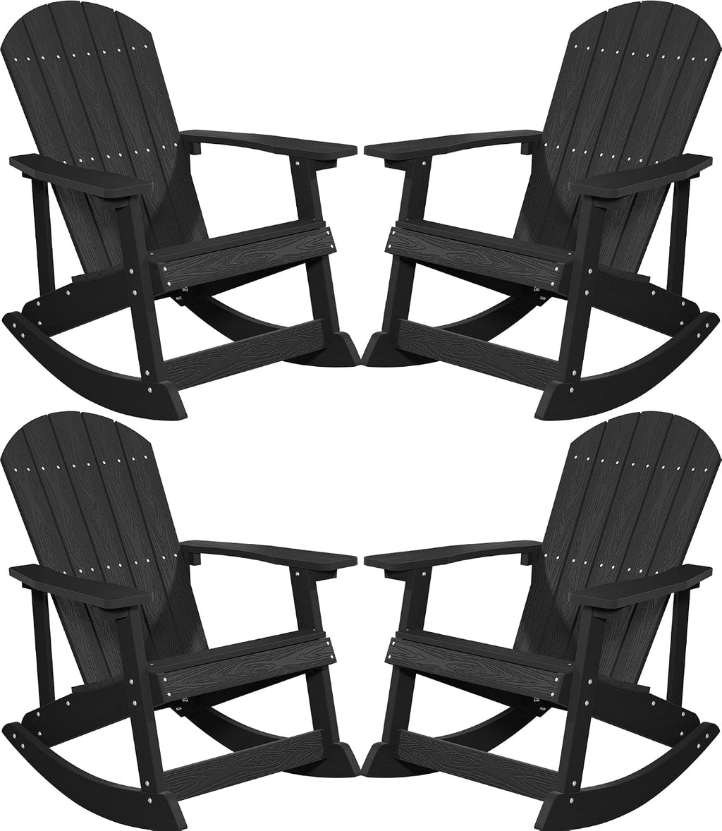 YEFU Outdoor Rocking Chair Set of 4,Adirondack Rocking Chair,Patio Rocker Chair with Wide Back,Oversized Rocker Chair Look Like Real Wood, for Lawn, Porch, Backyard, Indoor and Garden(Black)