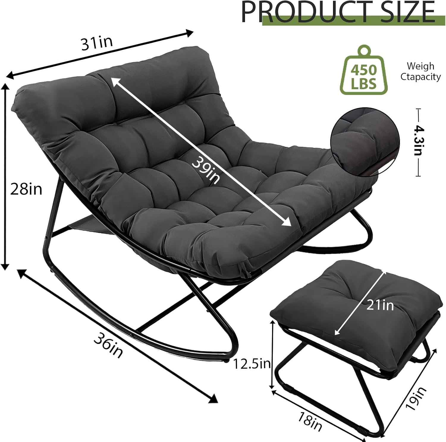 Rocking Chair with Ottoman, Indoor Small Rocking Chair for Nursery, with Foot Rest, Thick Cushion, 5'' Thick, 330lbs Capacity, Metal Frame Rocker Glider Patio for Living Room Bedroom Offices (Brown)