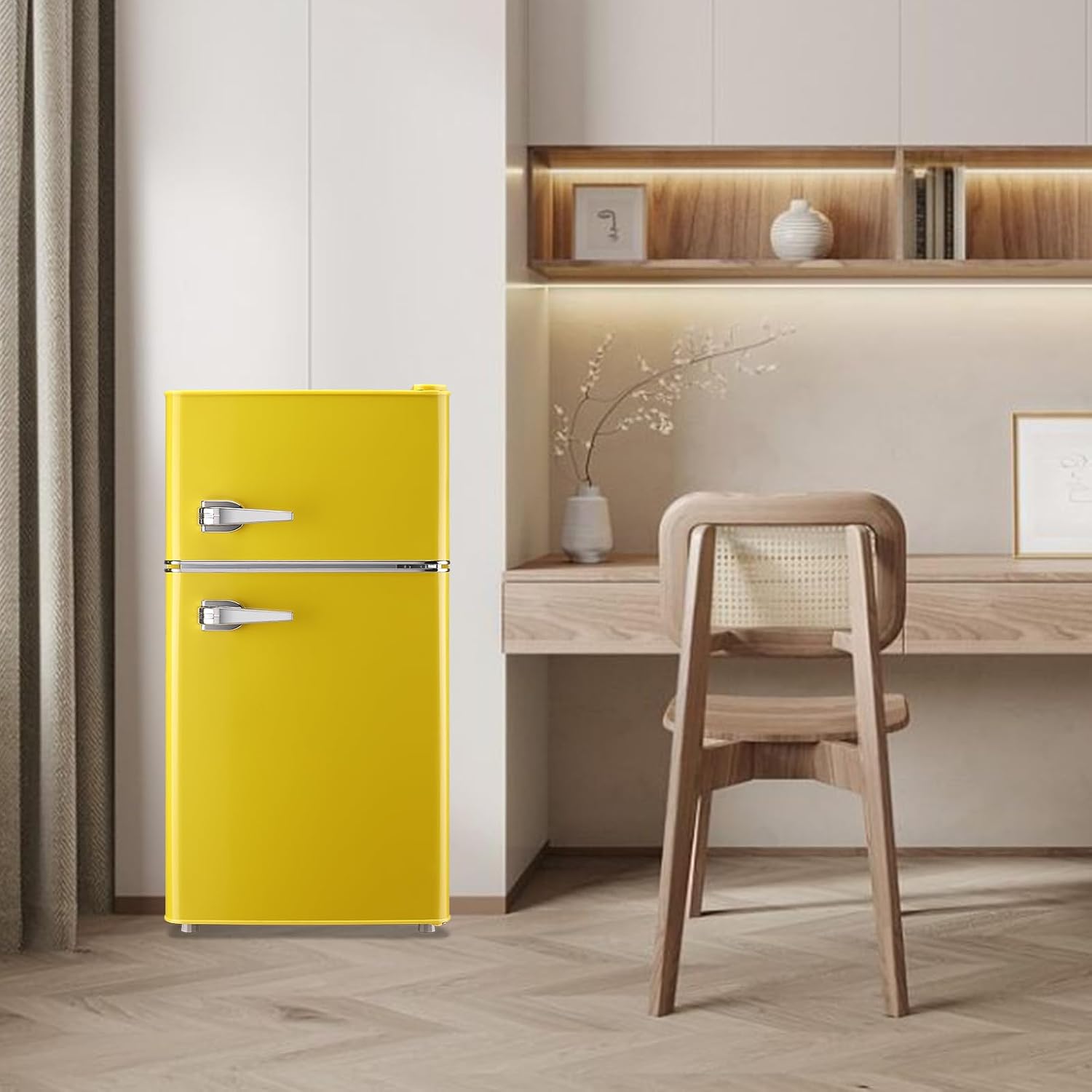 WANAI 3.5 Cu.Ft Mini Fridge with Freezer Small Retro Dual Door Refrigerator Freestanding Compact Refrigerator with Freezer 2 Door Mini Fridge for Bedroom, Dorm, Office, Cream, Yellow