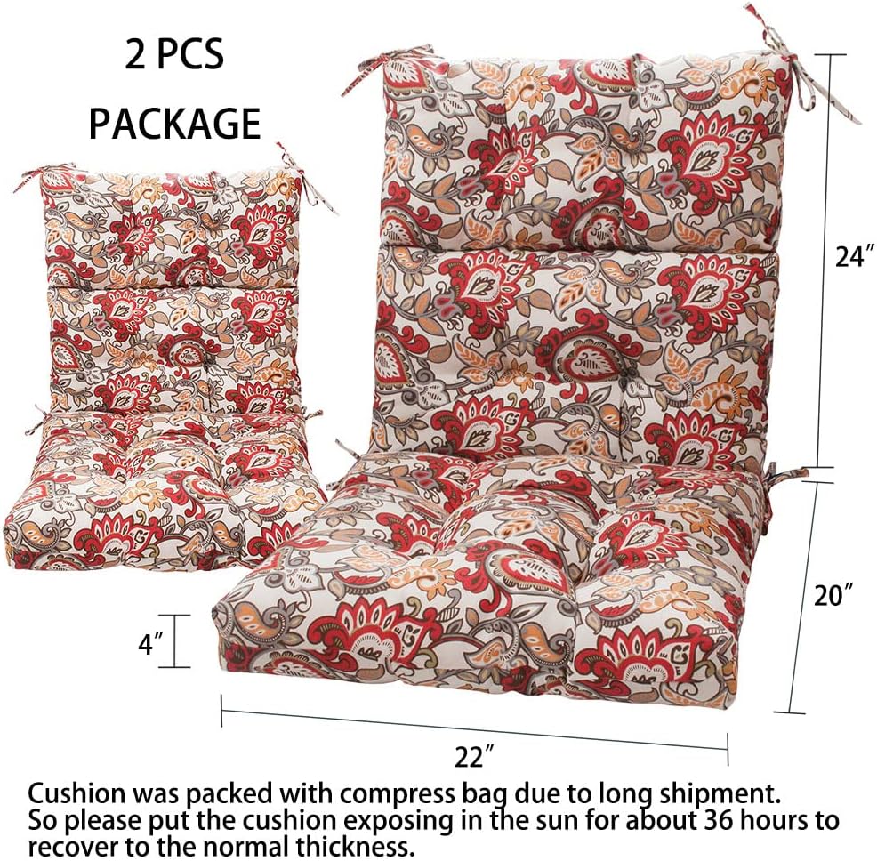 Magpie Fabrics Indoor/Outdoor Tufted High Back Chair Cushion Set of 2, Waterproof Deep Seating Rocking Chair Outdoor Chaise Lounge Sun Lounger Chair Cushions(Botanical Red Orange)