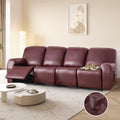 100% Waterproof PU Leather Sofa Slipcovers 10-Pieces Stretch Reclining Couch Covers for 4 Seat Anti-Slip Elastic Strap Furniture Protector for Kids, Pets (Wine Red, 4 Seater)