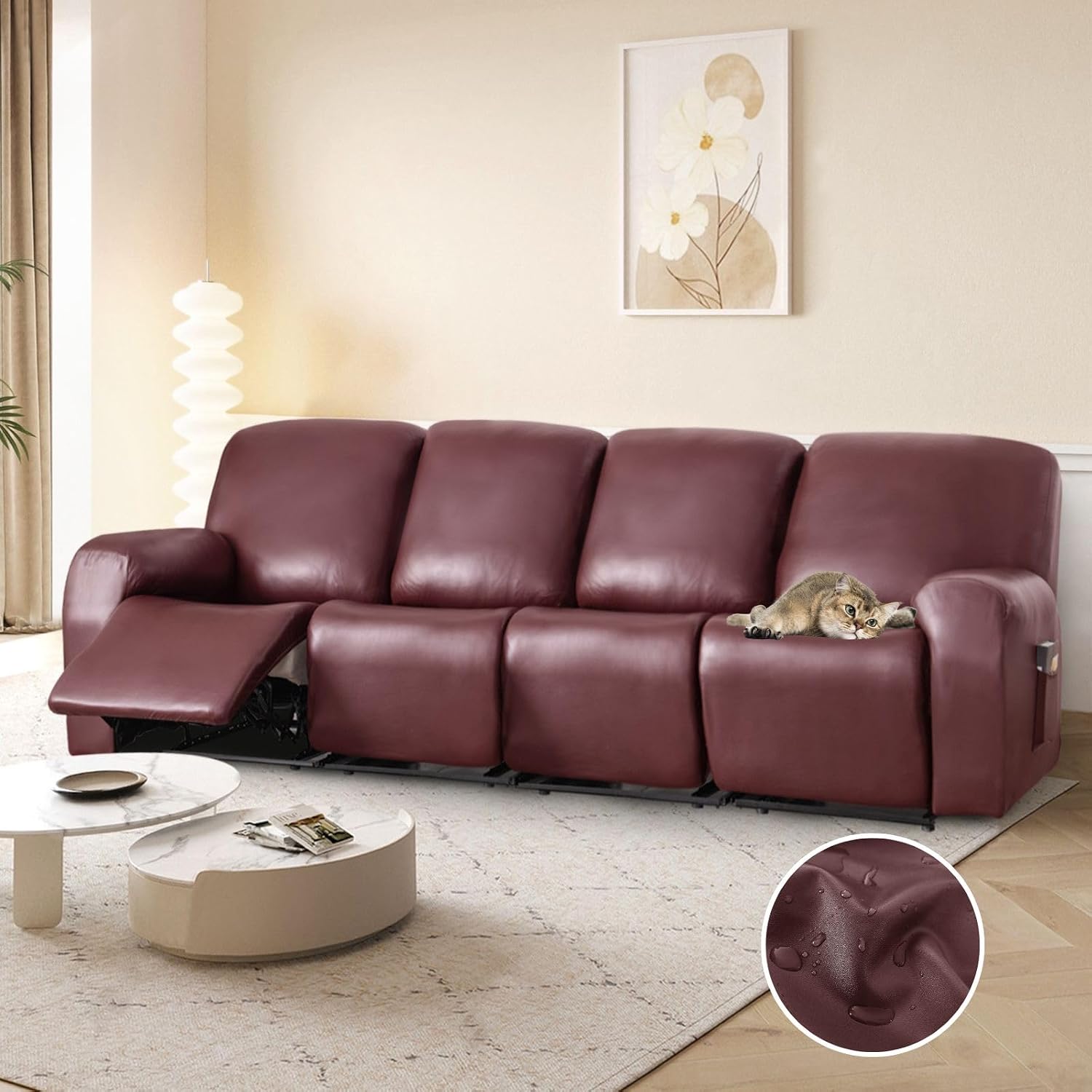 100% Waterproof PU Leather Sofa Slipcovers 10-Pieces Stretch Reclining Couch Covers for 4 Seat Anti-Slip Elastic Strap Furniture Protector for Kids, Pets (Wine Red, 4 Seater)