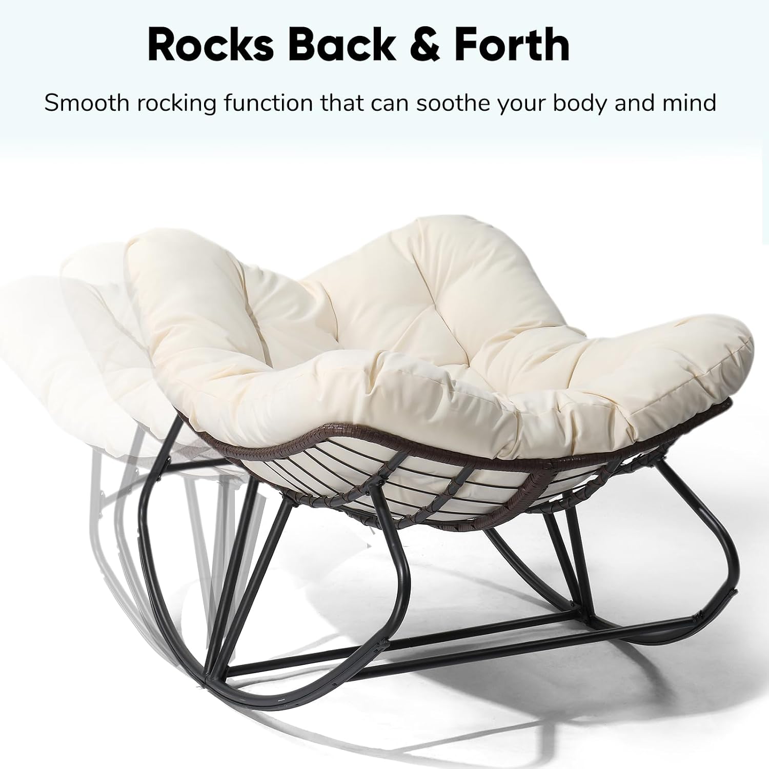 JOYBASE Outdoor Indoor Papasan Rocking Chair, Oversized Papasan Rocker with Cushion, Patio Wicker Comfy Egg Chair for Backyard Bedroom Living Room Lounge Reading (Beige)