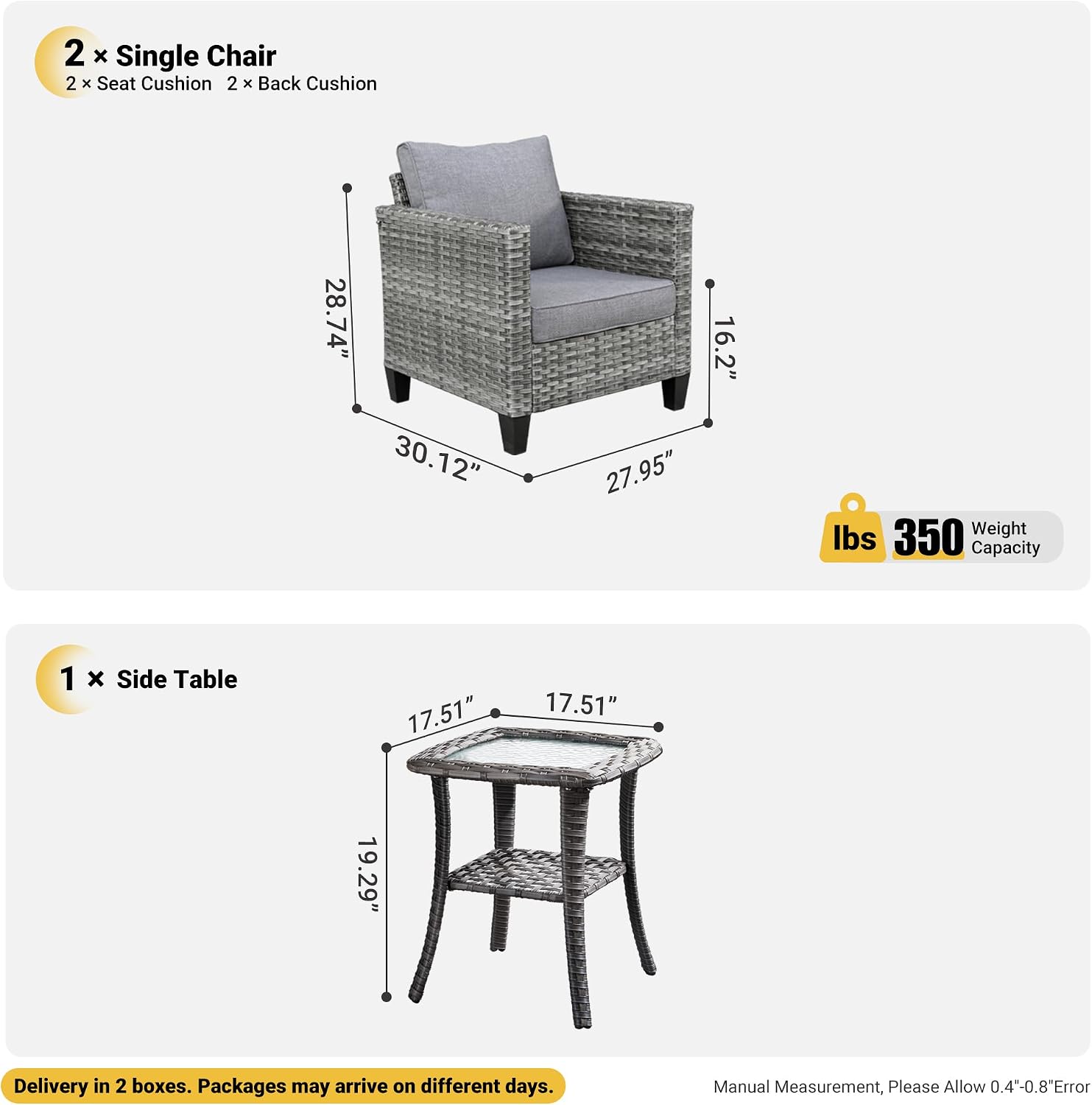 ovios 3 Pieces Patio Chair Set with Side Table, Outdoor Wicker Chairs of 2 with Comfy Cushions, High Back Rattan Armchairs Bistro Set for Porch Deck Garden, Dark Grey