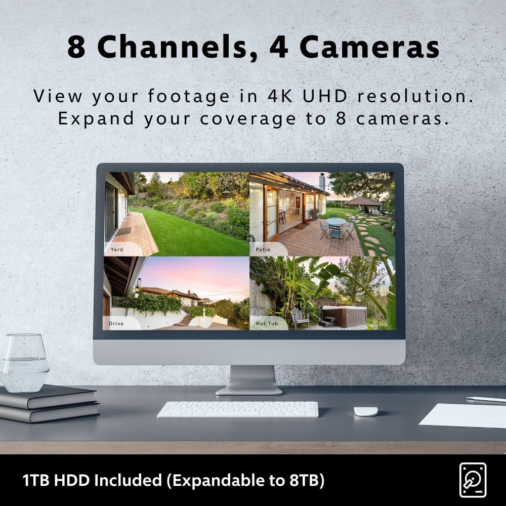 Swann AdvancedX™ Wired NVR 4K Security Camera System, 8 Channels, 4 PoE Dome Cameras Outdoor, 1TB HDD Storage, Color Night Vision, Smart AI Video Analytics/Alerts, Advanced Motion Detect