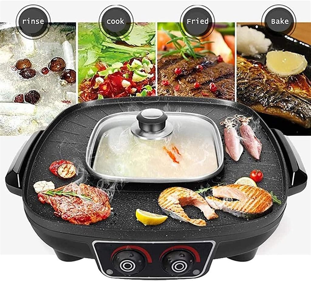 Portable Electric Grill, 2 in1 Electric Barbecue Hotpot Oven 1300/2100W Grill Smokeless Double Hotpot Machine BBQ Oven Multifunctional Cooker,Household Nonstick Electric Griddle