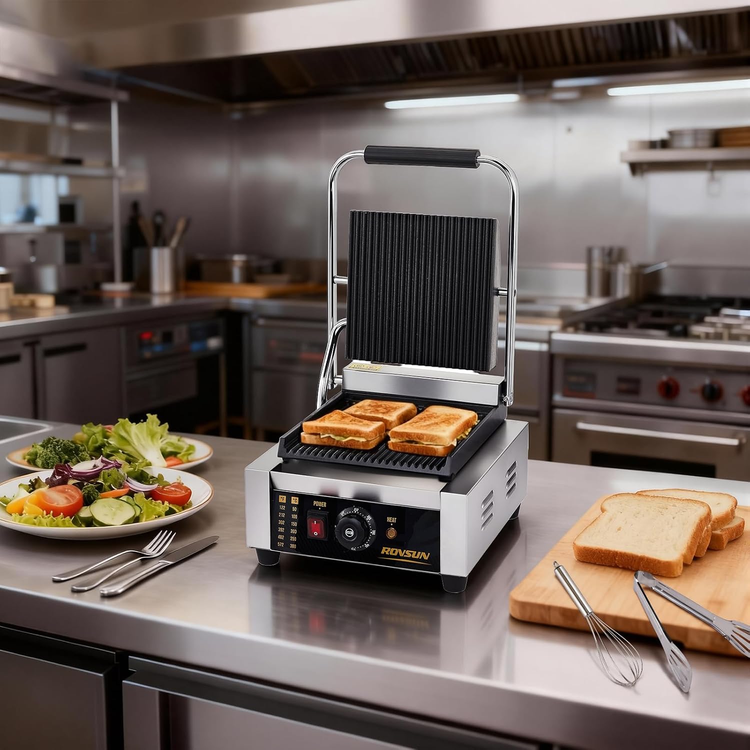 ROVSUN 811 Commercial Panini Press Grill, 1800W Stainless Steel Electric Countertop Sandwich Maker with Adjustable Temp 122°F–572°F, For Steak, Burgers, Home & Restaurant Use, 110V, Silver