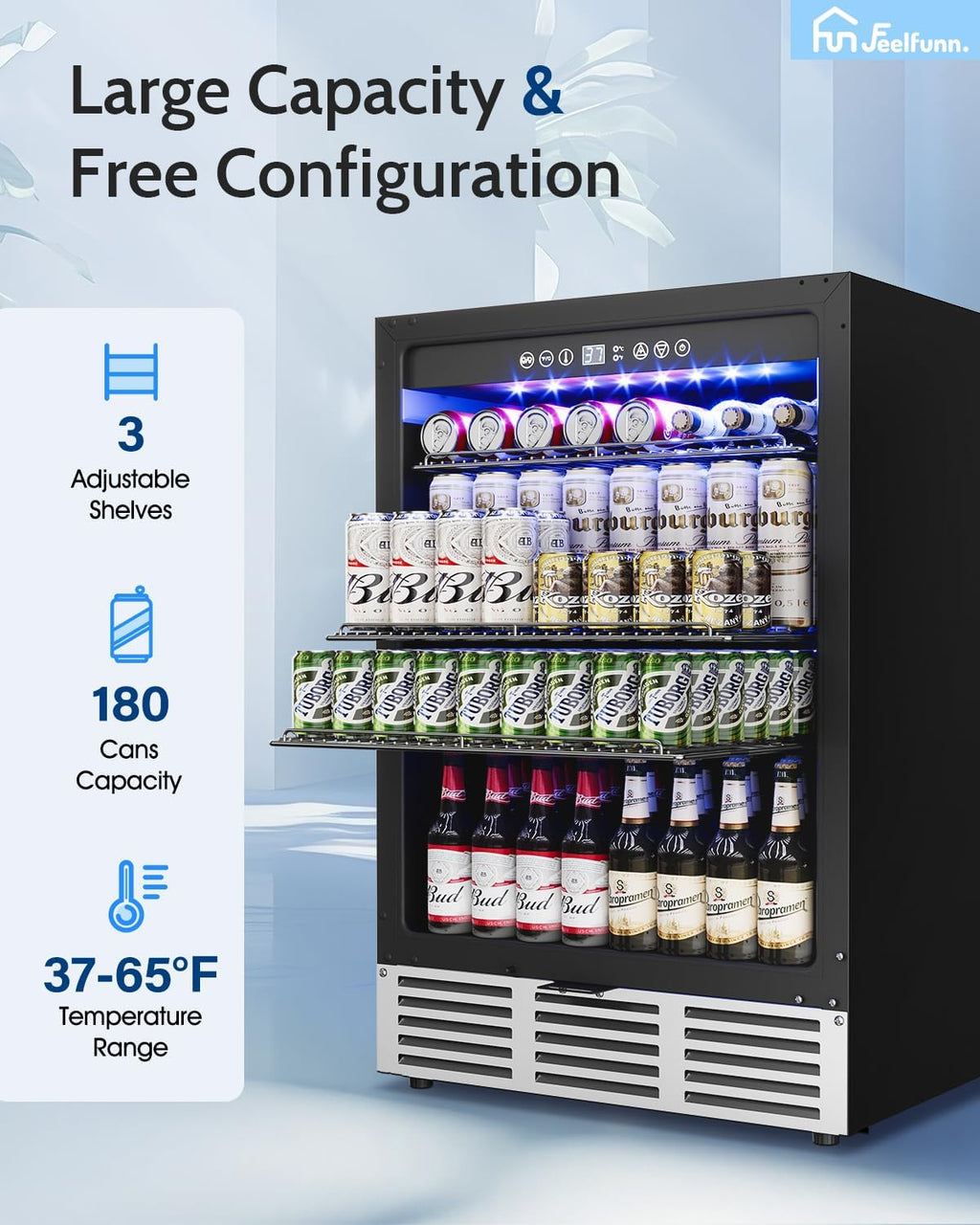 Feelfunn 24 inch Beverage Refrigerator - 180 Cans Under Counter Beverage Fridge with Glass Door & Safety Lock for Beer Wine Soda, Built-in or Freestanding Drink Fridge for Home Office Kitchen or Bar
