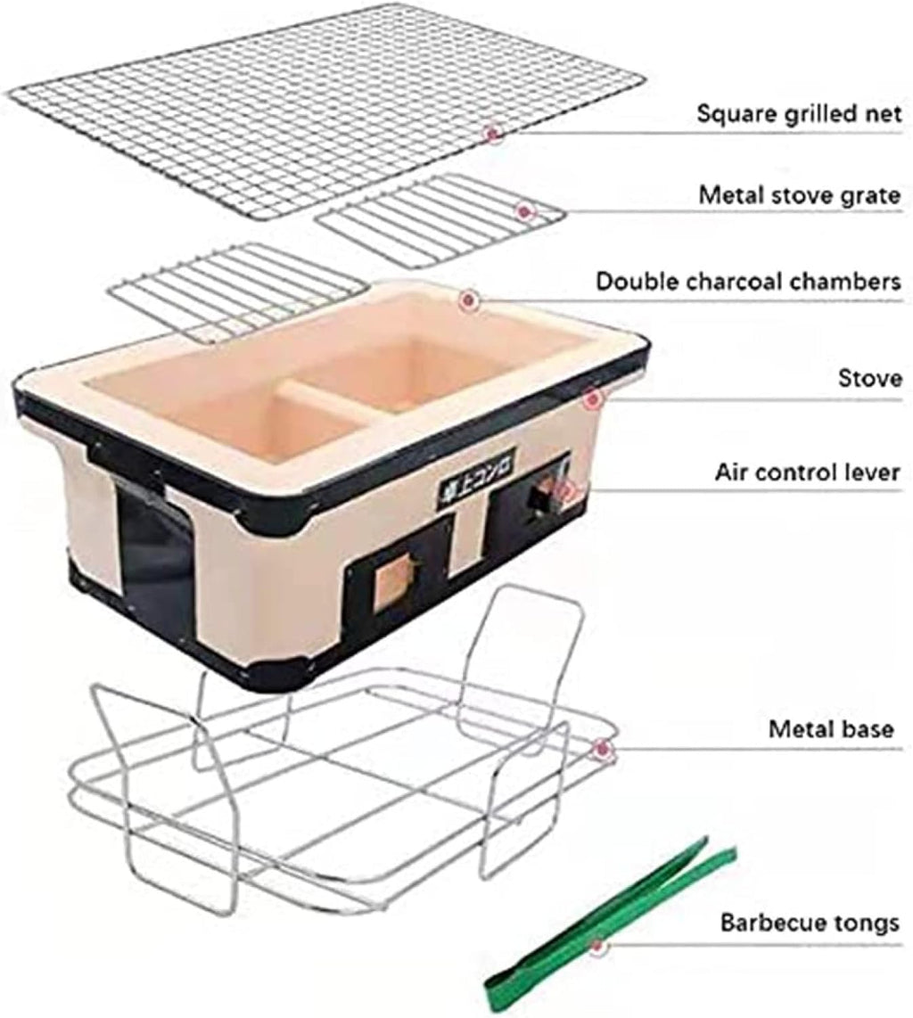 Japanese Ceramic Tabletop Grill, Rectangular BBQ Hibachi Charcoal Grill Table Yakatori Charcoal Cooker for Indoor Outdoor Stove