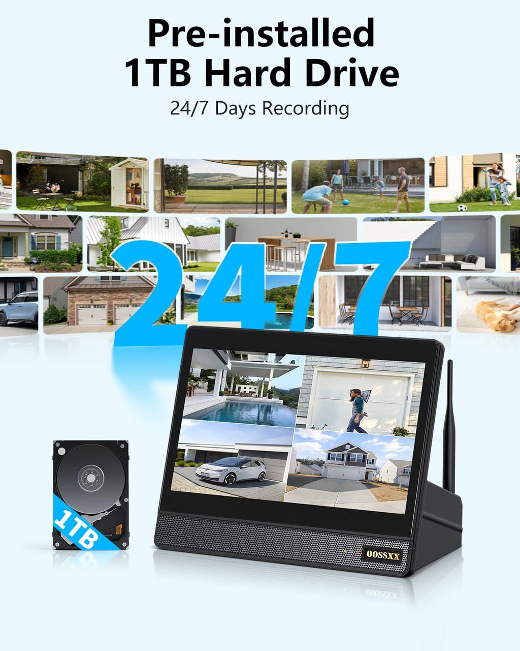 (2026 New) Wireless Security Camera System, 10CH 10'' IPS Monitor NVR with 4 x 3MP WiFi Cameras & 1TB HDD, Dual Band 2.4/5.8G, Dual Antennas, Audio, IP67, No Monthly Fee