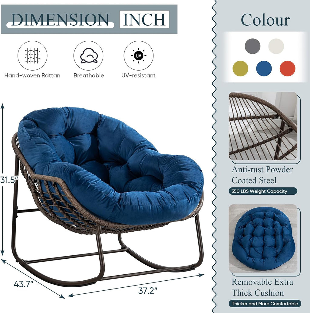 Outdoor Rocking Chair,Patio Oversized Rattan Egg Chair,Indoor Outside Padded Cushion Rocker Recliner Chair,Modern Lounge Chair for Front Porch,Garden,Backyard,Balcony,Deck,Navy Blue,Set of 1