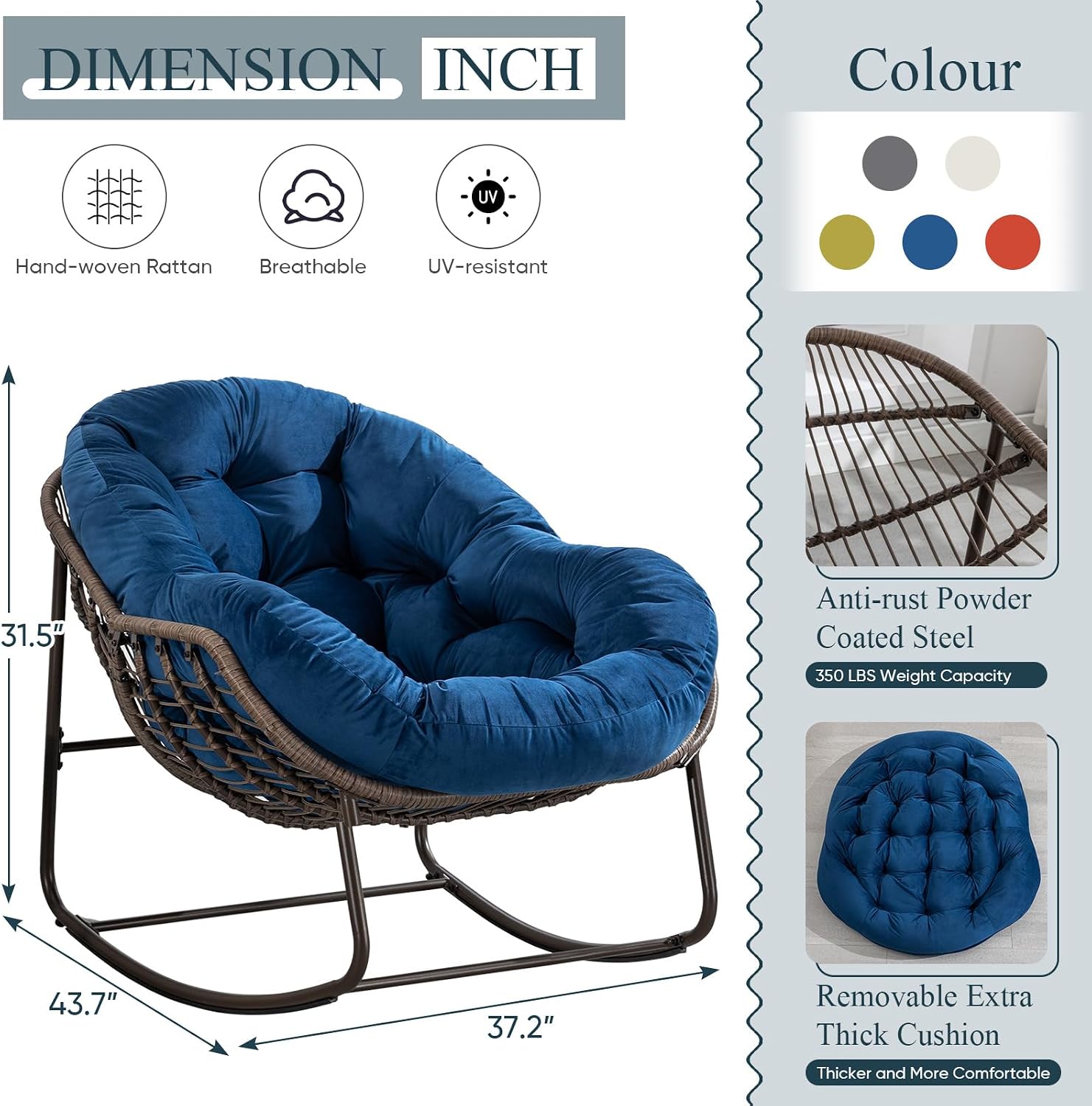 Outdoor Rocking Chair,Patio Oversized Rattan Egg Chair,Indoor Outside Padded Cushion Rocker Recliner Chair,Modern Lounge Chair for Front Porch,Garden,Backyard,Balcony,Deck,Navy Blue,Set of 1