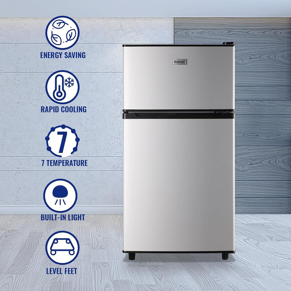 WANAI Refrigerator 3.5 Cu.Ft Refrigerator with Freezer, Retro Fridge with Dual Door,7 Adjustable Thermostat, Adjustable Shelves For Dorm, Office Bedroom, Silver