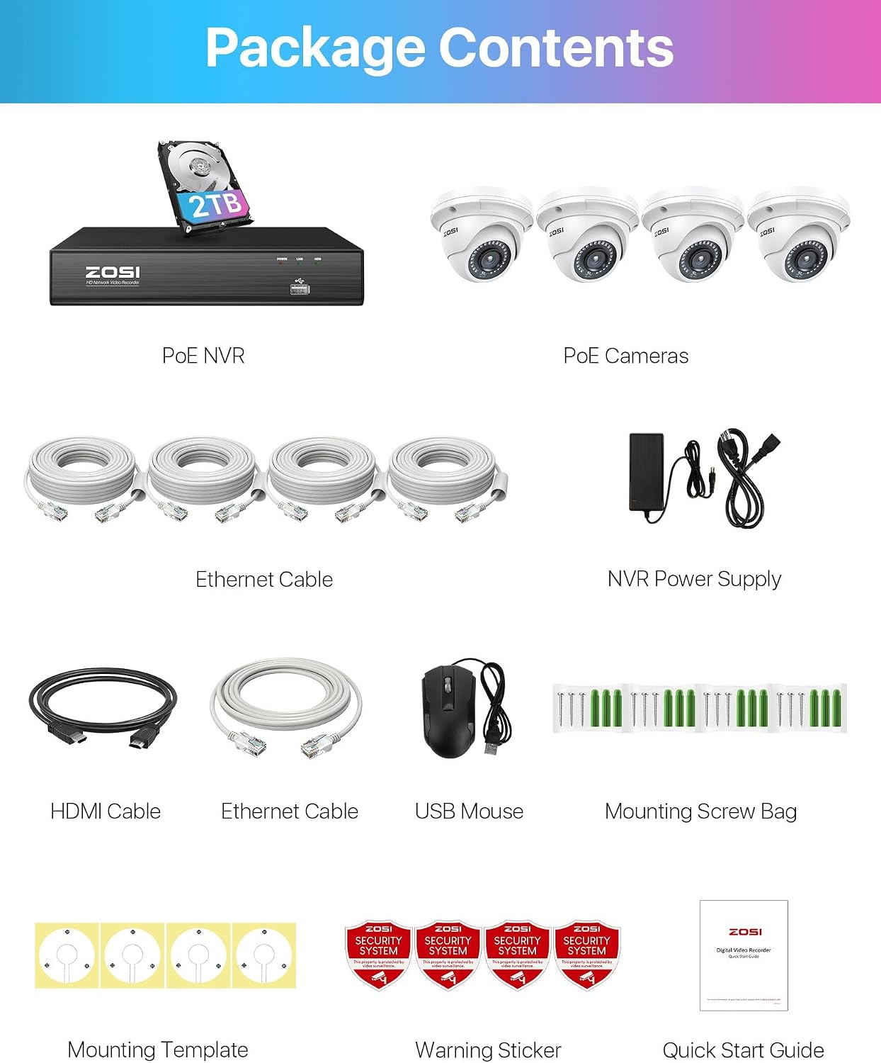ZOSI 8CH 4K PoE Security Camera System with 2TB Hard Drive,4pcs 3K 5MP Outdoor Indoor PoE IP Dome Cameras,Night Vision,Motion Alert,Remote Access,8 Ports 16CH 8MP NVR Recorder for Home 24/7 Recording