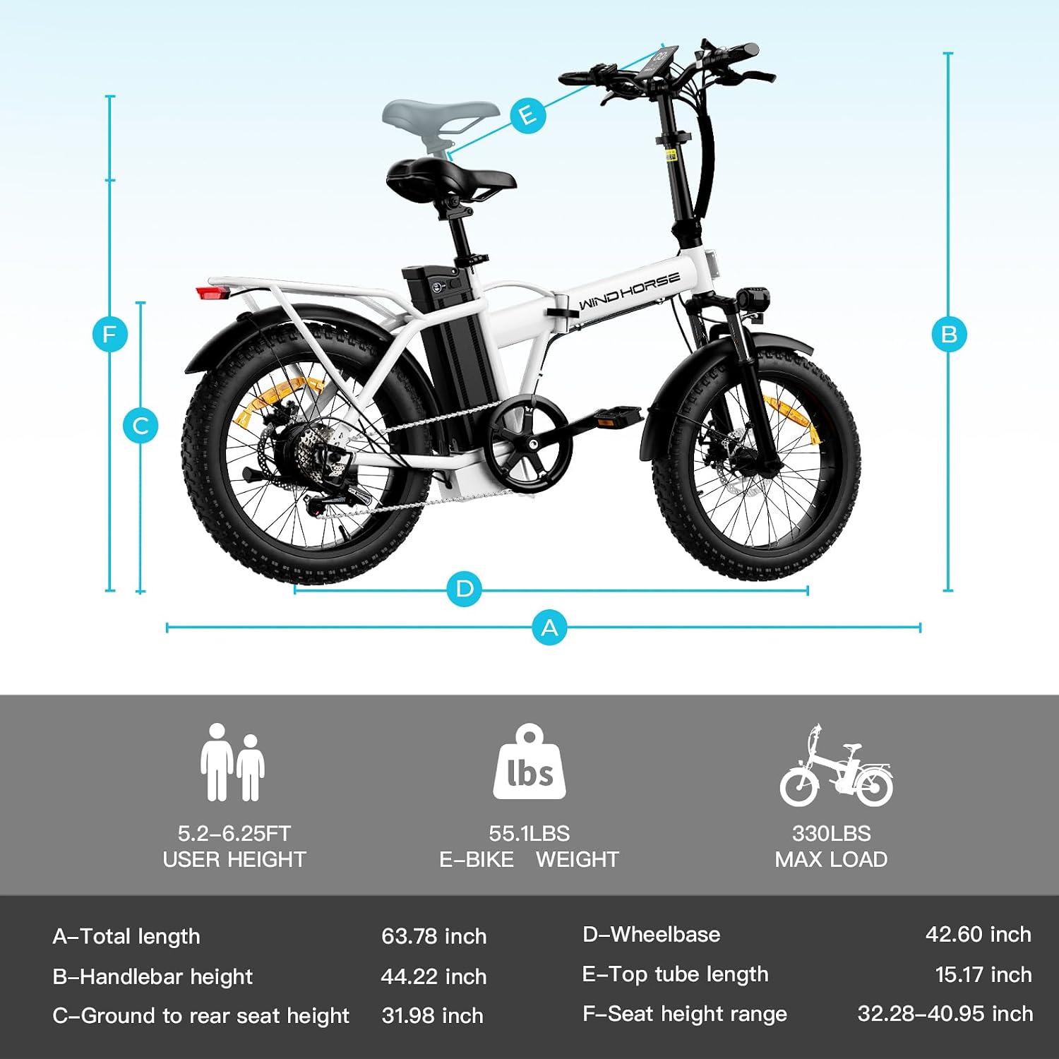 WINDHORSE 16'/ 20' Folding Electric Bike for Adults, 630W/ 983W Peak Electric Bicycle, 20MPH, 20-35/40-70 Miles Range, 288Wh/ 748.8Wh Removable Battery, UL Certified Commuter Ebike