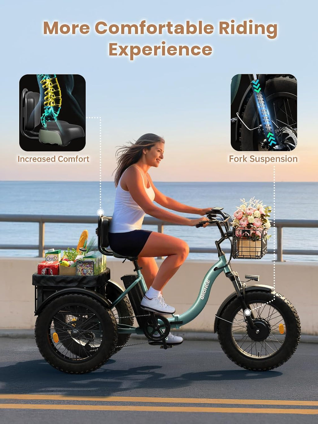 QRONGE Electric Trike for Adults 960W Peak, 36V 15AH Battery Ebike 50 Miles Range with Large Rear Basket, Electric Trike 20'*4' Fat Tire, Max 20MPH 3 Wheel Folding Electric Tricycle for Adults(Lava)