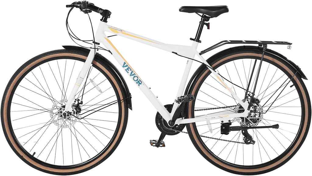VEVOR Hybrid Bike, Lightweight Aluminum Frame Bike, 700c Wheel Men Women Hybrid Bicycle, Step-Over/Step-Through Adult Urban City Commuter Bikes, with 7/24 Speed, Alloy Adjustable Stem and Seat
