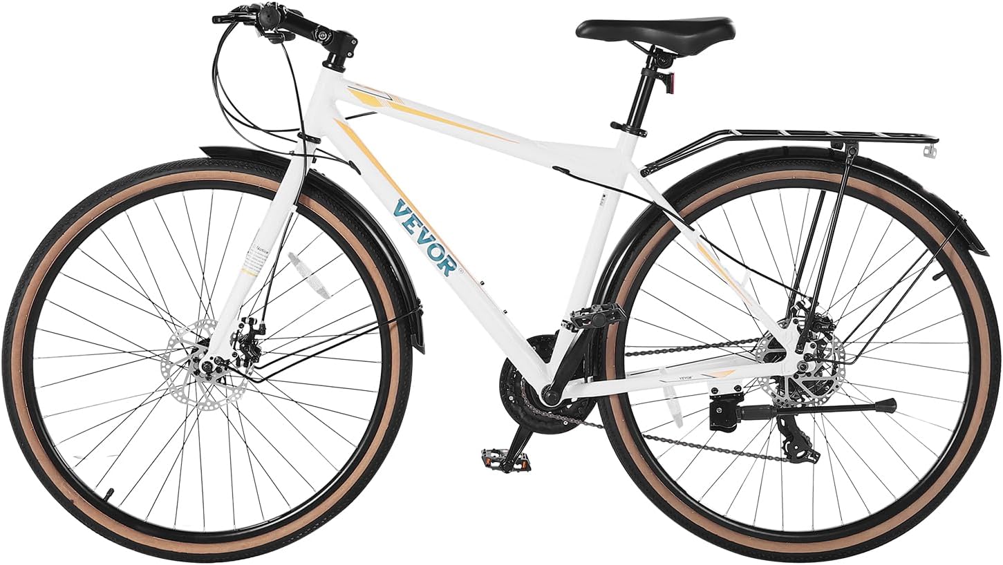 VEVOR Hybrid Bike, Lightweight Aluminum Frame Bike, 700c Wheel Men Women Hybrid Bicycle, Step-Over/Step-Through Adult Urban City Commuter Bikes, with 7/24 Speed, Alloy Adjustable Stem and Seat