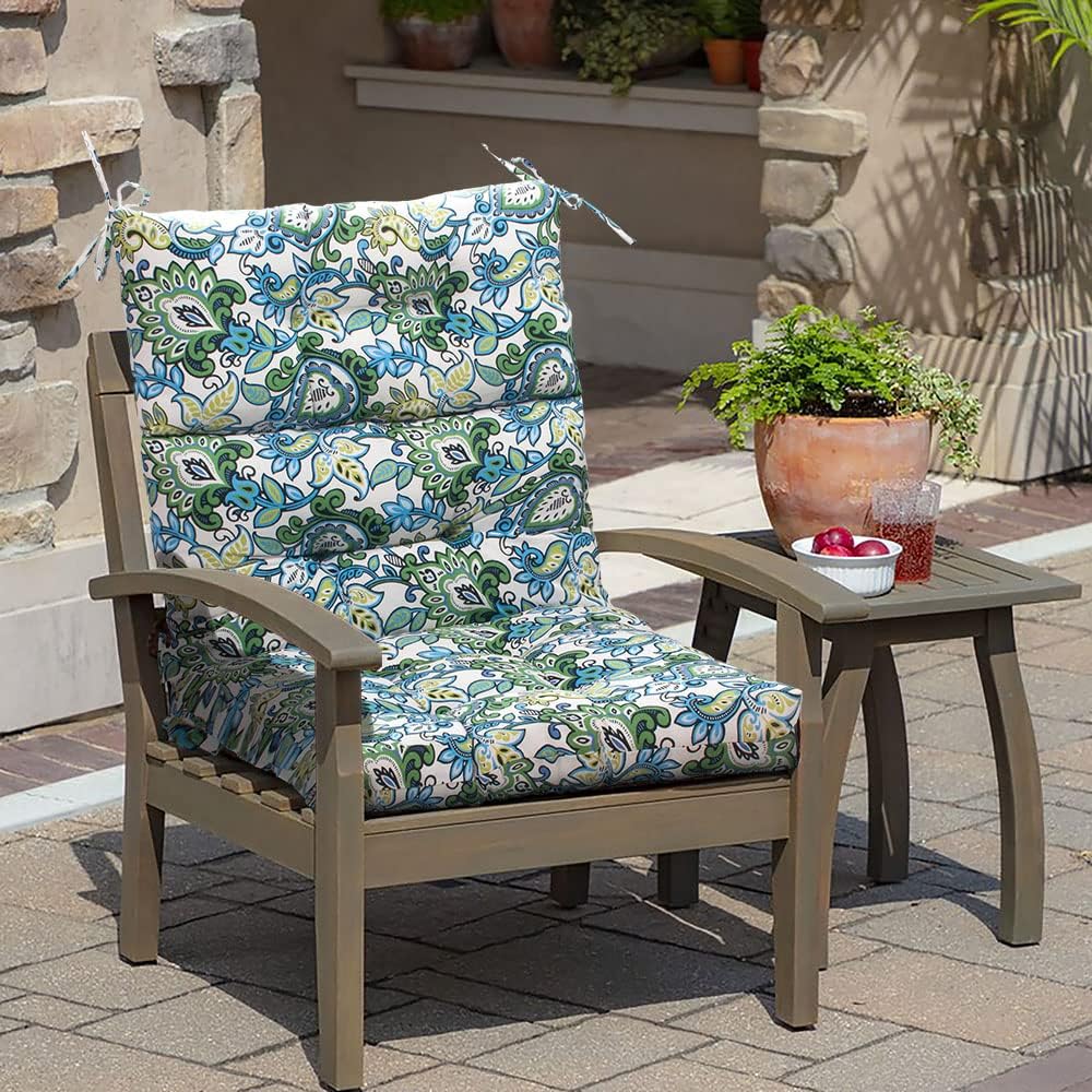 Magpie Fabrics Indoor Outdoor Tufted High Back Chair Cushion Set of 2, Waterproof All-Weather Deep Seating Rocking Chair Patio Garden Chaise Lounge Sun Lounger Chair Cushions(Botanical Blue Green)
