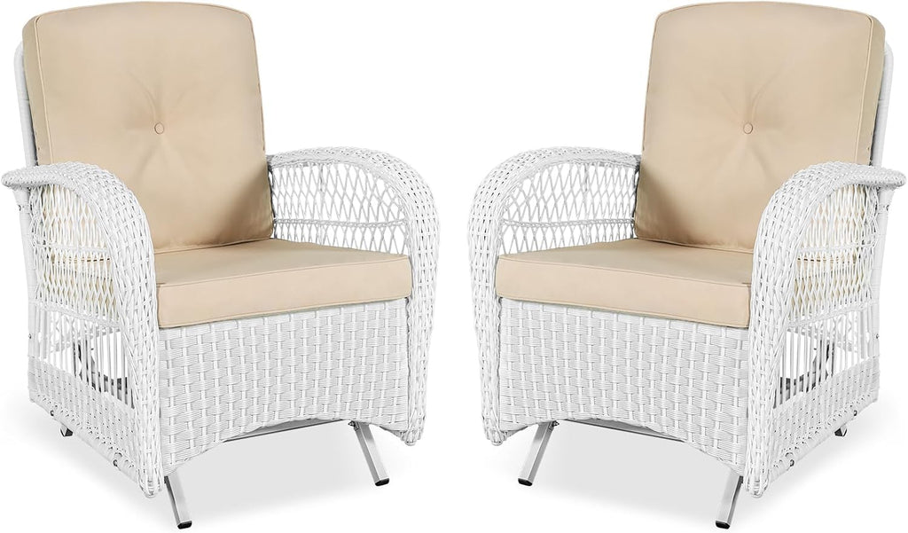 VIVIJASON 2-Piece Outdoor White Wicker Glider Rocking Chair, Patio Rattan Swing Glider Chairs with Cushions & Steel Frame, All-Weather Gliding Lawn Wicker Furniture for Garden Backyard Porch, Beige
