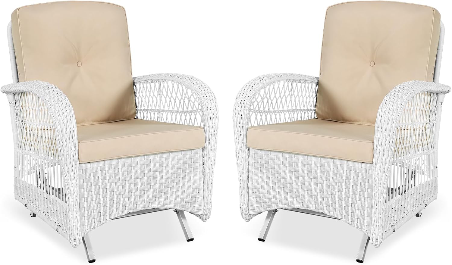 VIVIJASON 2-Piece Outdoor White Wicker Glider Rocking Chair, Patio Rattan Swing Glider Chairs with Cushions & Steel Frame, All-Weather Gliding Lawn Wicker Furniture for Garden Backyard Porch, Beige