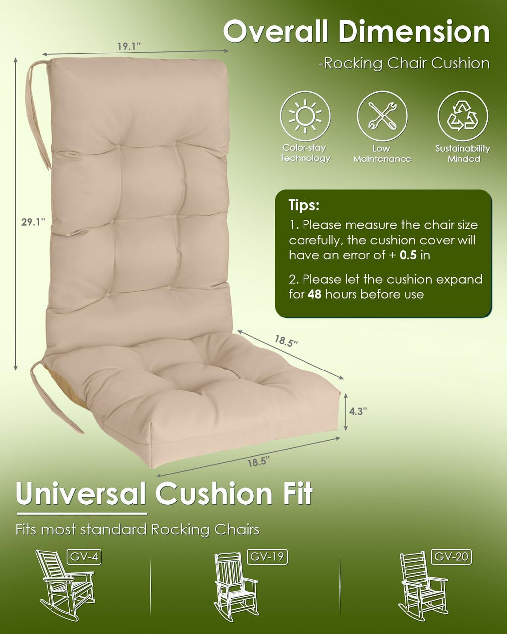 GREENVINES Rocking Chair Cushions Set of 4 | Polyester | Waterproof | Outdoor High Back Rocker Chairs Cushion | Seat with Ties | Non-Slip | Thickened Pad for Patio | 46.5' x 18.5' x 4.3' | Beige
