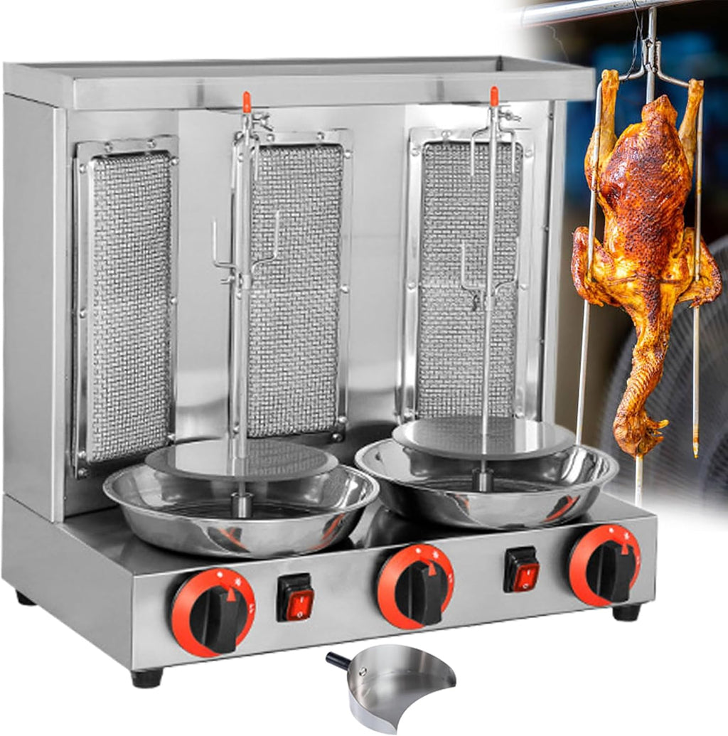 Gas Grill Machine, Vertical Kebab Gyro Griller, Stainless Steel Grill, Rotating Oven, with 3pcs Burners, Meat Roasting Machine for Commercial and Home Use
