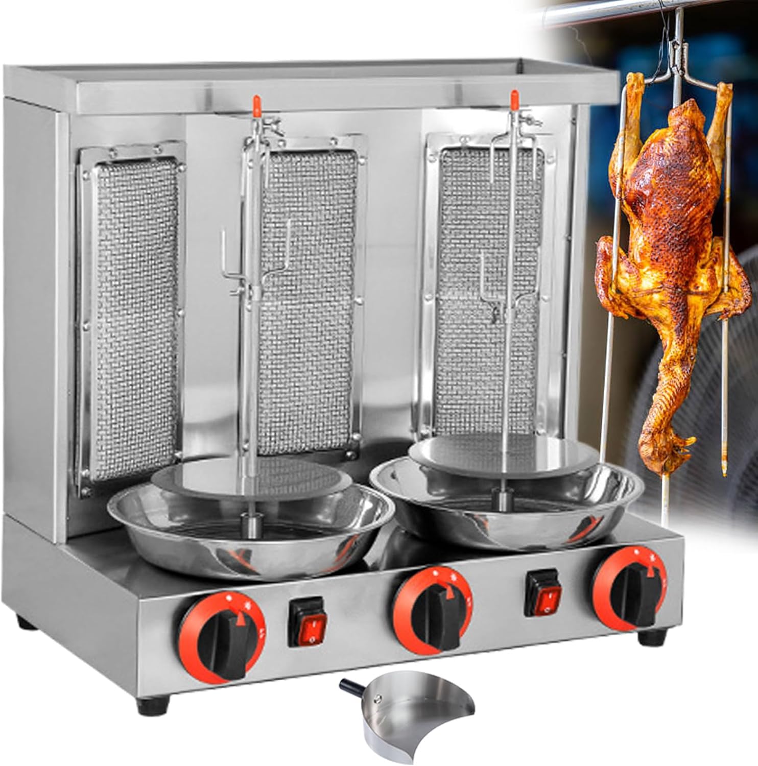Gas Grill Machine, Vertical Kebab Gyro Griller, Stainless Steel Grill, Rotating Oven, with 3pcs Burners, Meat Roasting Machine for Commercial and Home Use