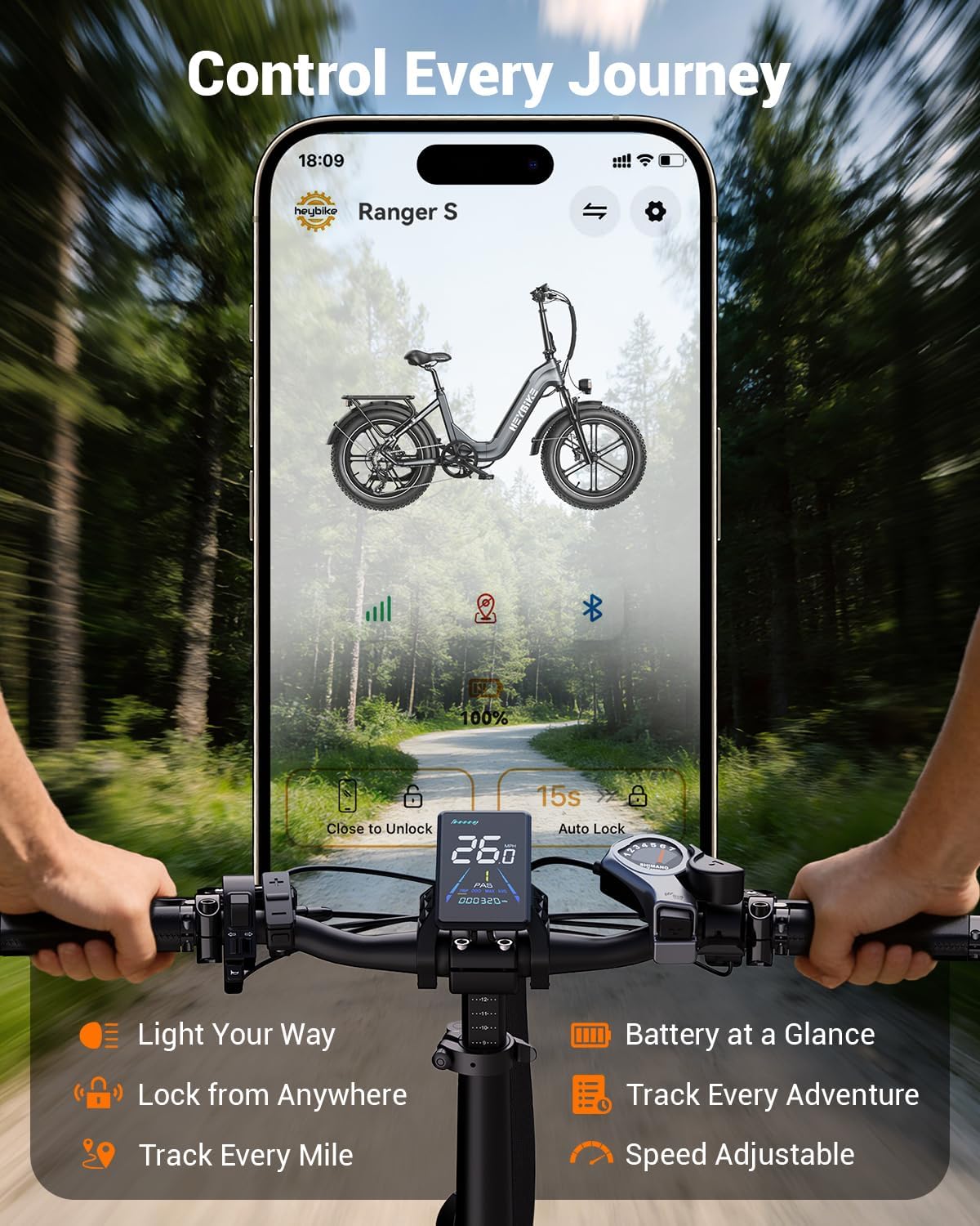 Heybike Ranger Foldable Electric Bike for Adults, 1200W/1800W Peak Motor, 28/32MPH E Bike, 55/90 Miles Range, 20'x4.0' Fat Tire Ebike with Removable Battery, Hydraulic Brakes for Snow, Beach,Commuting