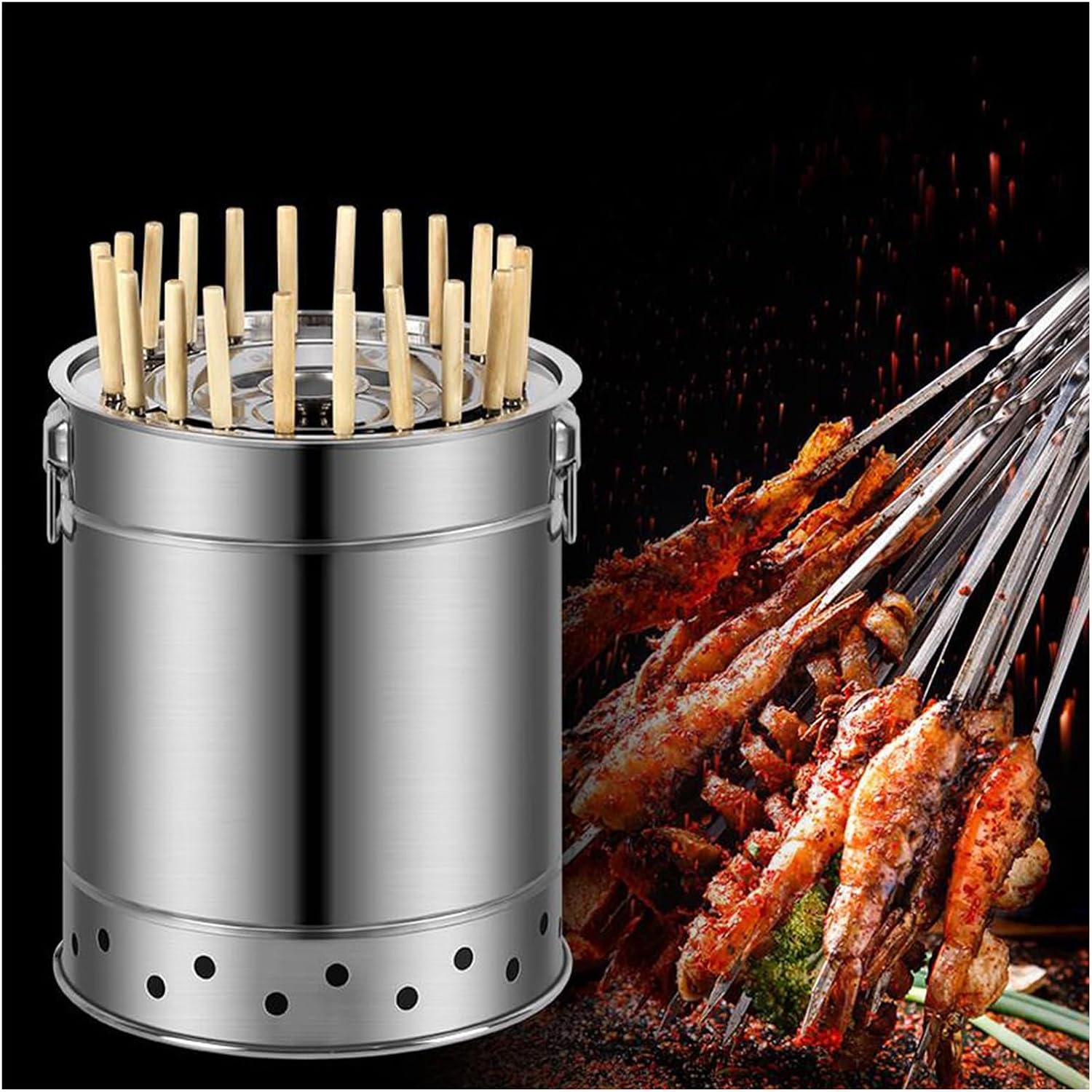 Outdoor Charcoal Grill Smokeless BBQ Hanging Grill Portable Stainless Steel BBQ Grill Oil and Carbon Separation Design Round Barrel Grill for Barbecue Party Camping(30x35cm/11.8x13.8)