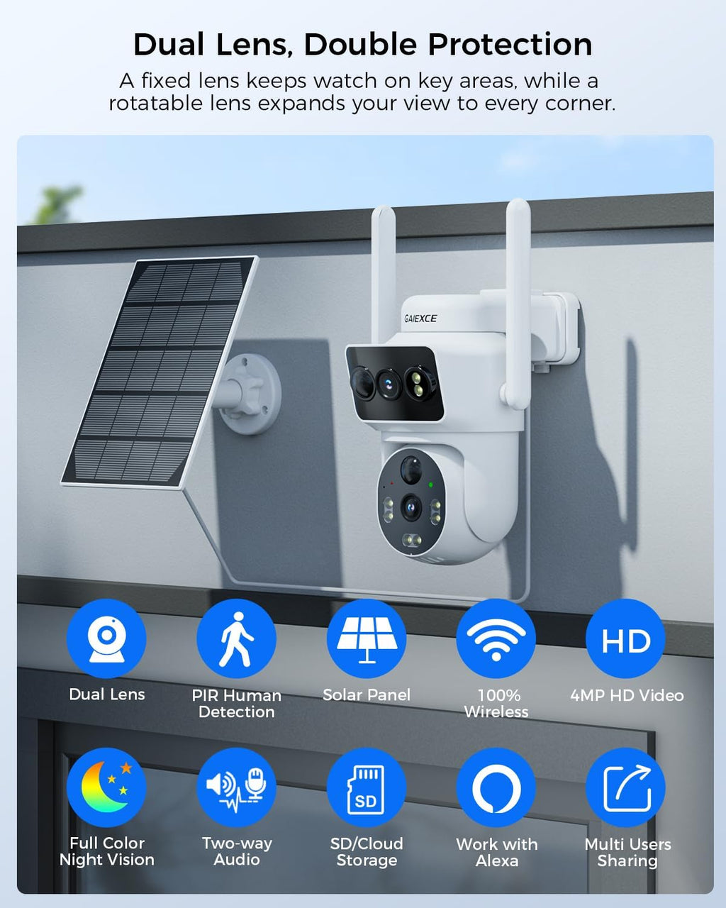 Solar Dual Lens Security Cameras Wireless Outdoor, Home Dual Lens Security Camera System, No Subscription, 2.4G & 5G WiFi 4MP Night Vision, 64G SD Local Recording Expandable to 10CH