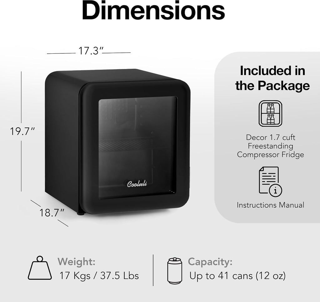 Cooluli Decor 1.7 cu ft Compact Mini Fridge with Glass Door - Small Refrigerator for Bedroom, Office, Dorm - Ideal for Soda Drinks, Beer (Black)