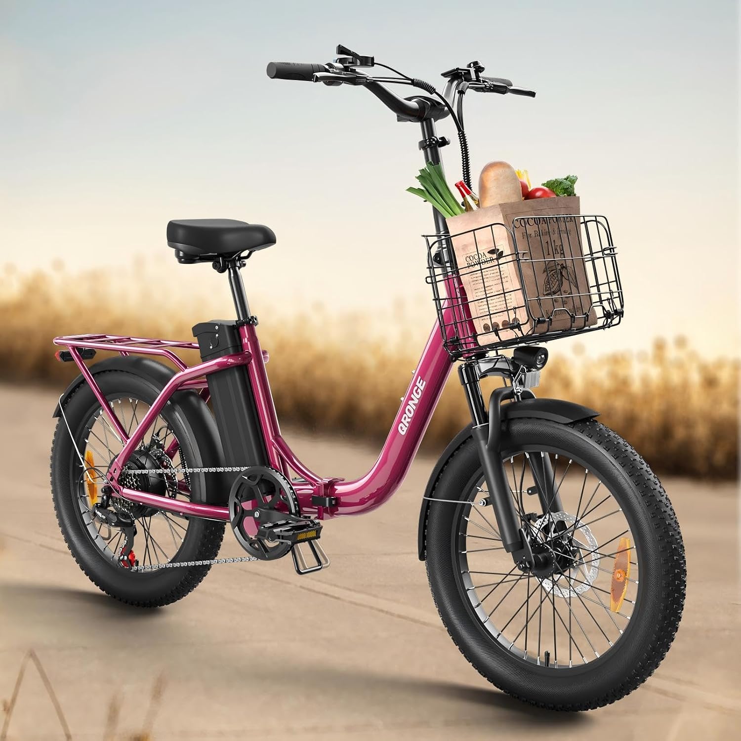 QRONGE Electric Bike, 1000W Peak Folding Electric Bike, 486Wh 70 Miles Range Ebike, Waterproof Removable Battery, 7 Speed, 25 MPH Max, 20' Step-Thru Bicycle with Front Basket