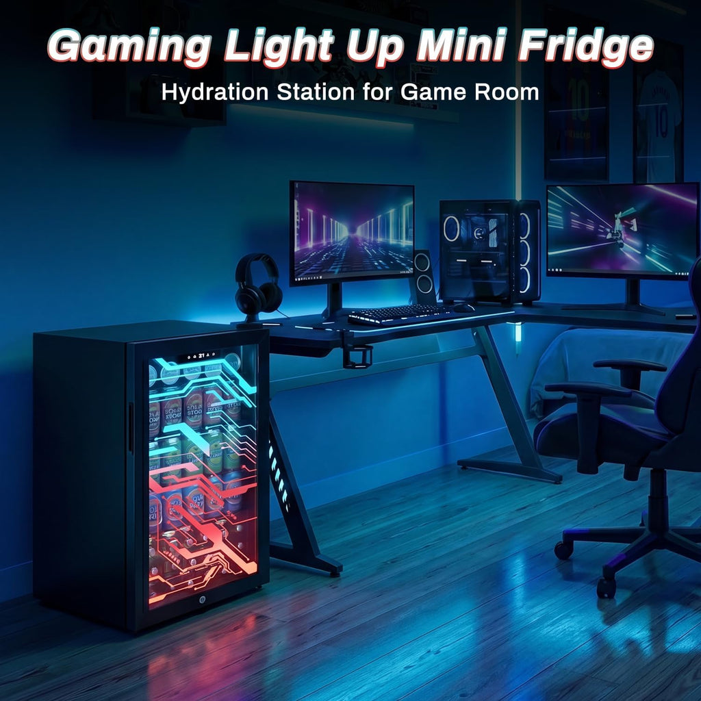 Velivi Gaming Light Up Glass Door Beverage Refrigertor, 3.2 Cu Ft Gaming Mini Fridge with Led RGB Lights Lockable Mini Fridge For Soda Beer, Drink Cooler Cyberpunk Gaming Rooms Bar Home Party