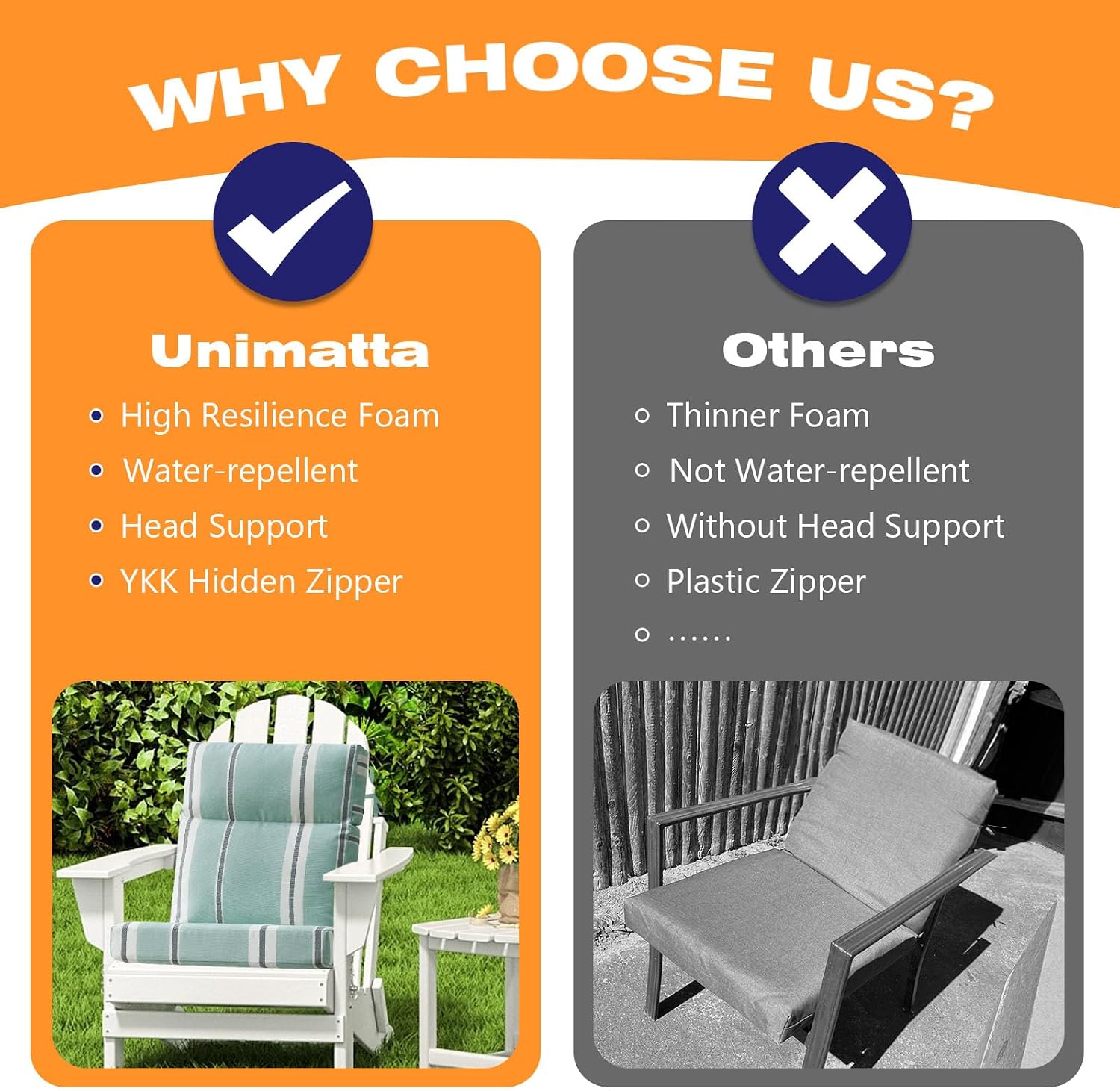 Unimatta Outdoor Separate High Back Chair Cushion Seat Pads, 2-Pack 44 x 21 Inch Water-Repellent & Fade-Resistant Patio Furniture Cushions with Ties for Adirondack, Rocking Chairs, Aqua Stripe