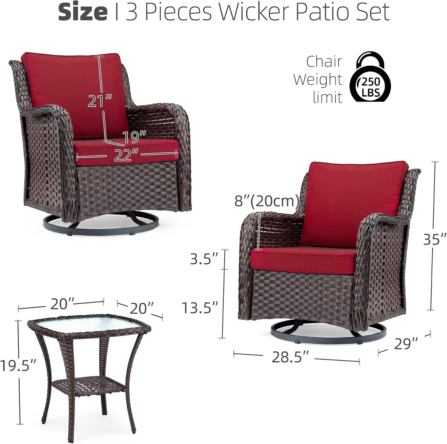 GarveeLife 3 Pieces Outdoor Swivel Chair Set, Upgraded Encrypted Rattan Wicker Swivel Rocker Patio Chairs, Thick Cushion and Side Table for Balcony, Porch, Backyard, Garden, Red