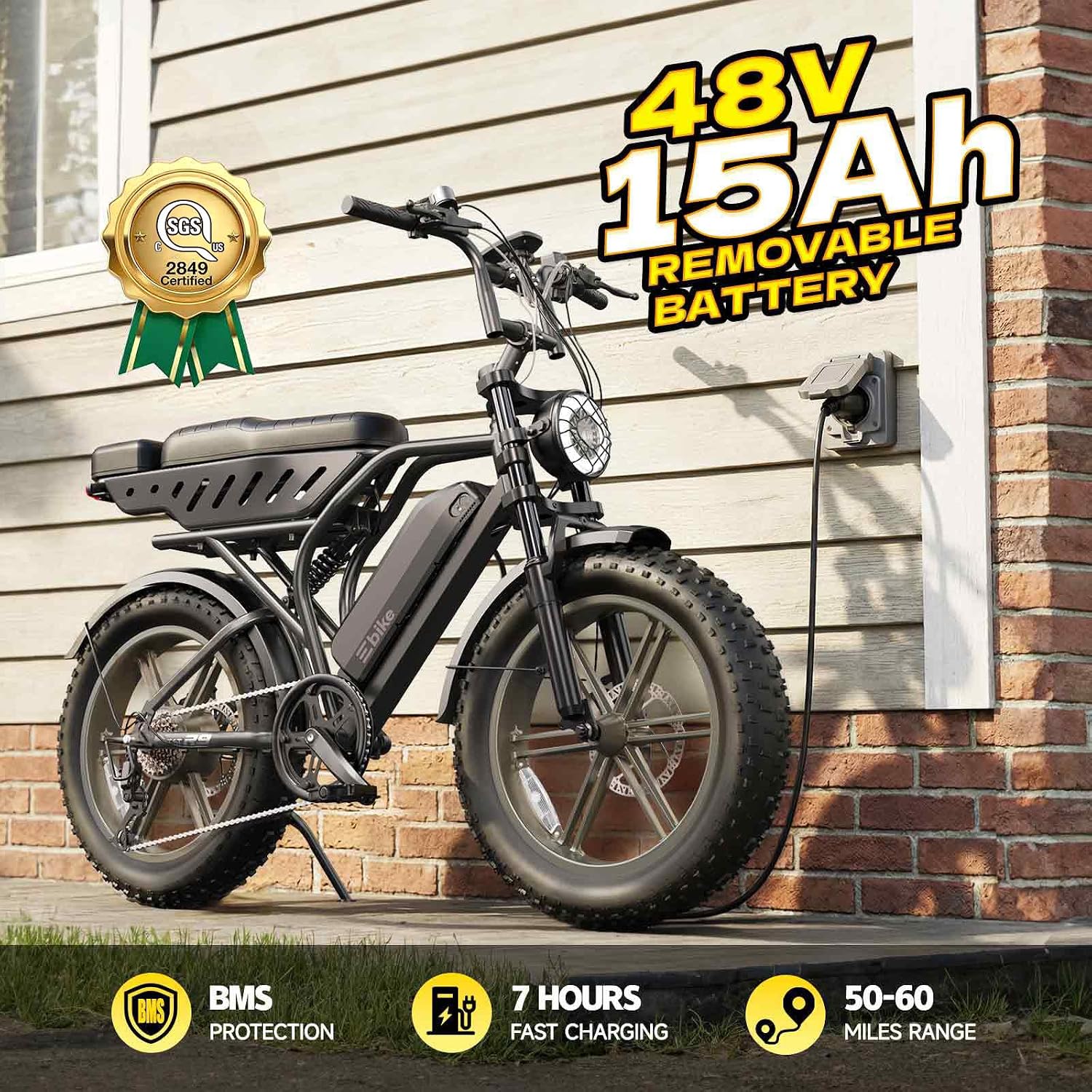 TST Electric Bike for Adults, 1500W Peak Motor 60 Miles Fat Tire Ebike with 48V 15Ah Removable Battery 20' Fat Tire Electric Bike, Dual Suspension，7 Speeds