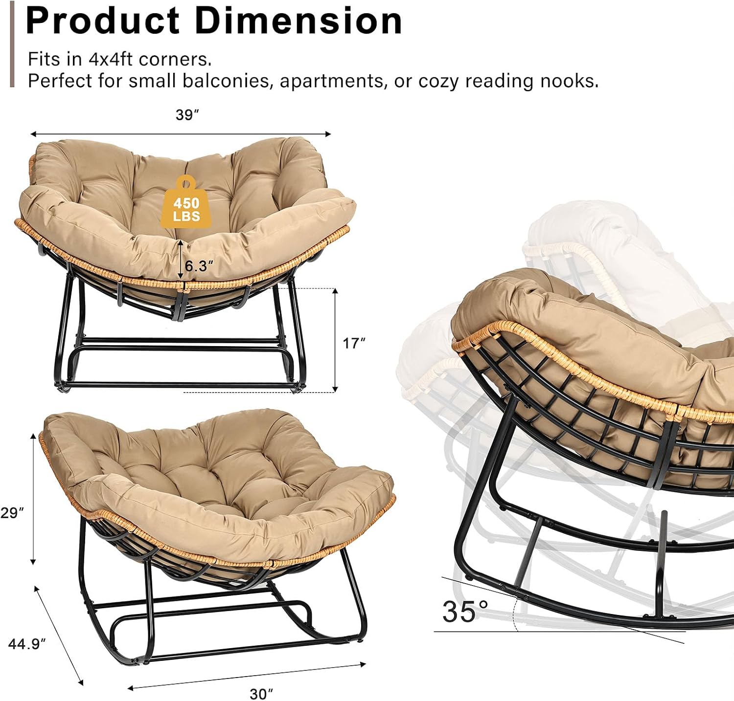 Papasan Chair, Outdoor Rocking Chair with Cushion, 450LB Heavy Duty Egg Chair, Indoor Outdoor Patio Rocking Chairs for Balcony, Porch, Living Room, Bedroom, Lawn, Garden (Coffee.)