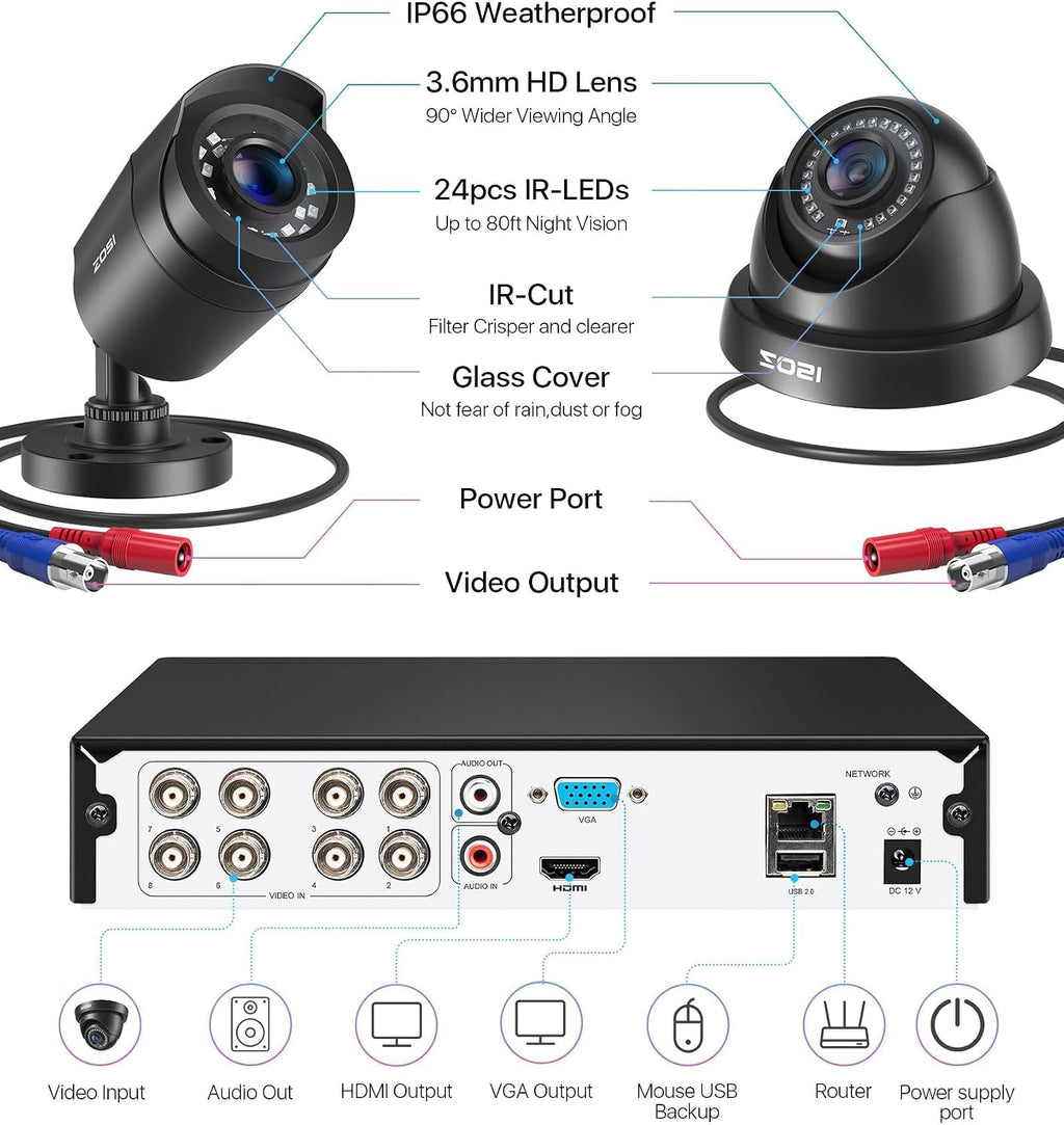 ZOSI 3K Lite Wired Security Camera System Outdoor,8pcs 1920TVL 1080P Surveillance Cameras,80ft Night Vision,8 Channel H.265+ 5MP Lite CCTV DVR with 1TB HDD for 24/7 Recording