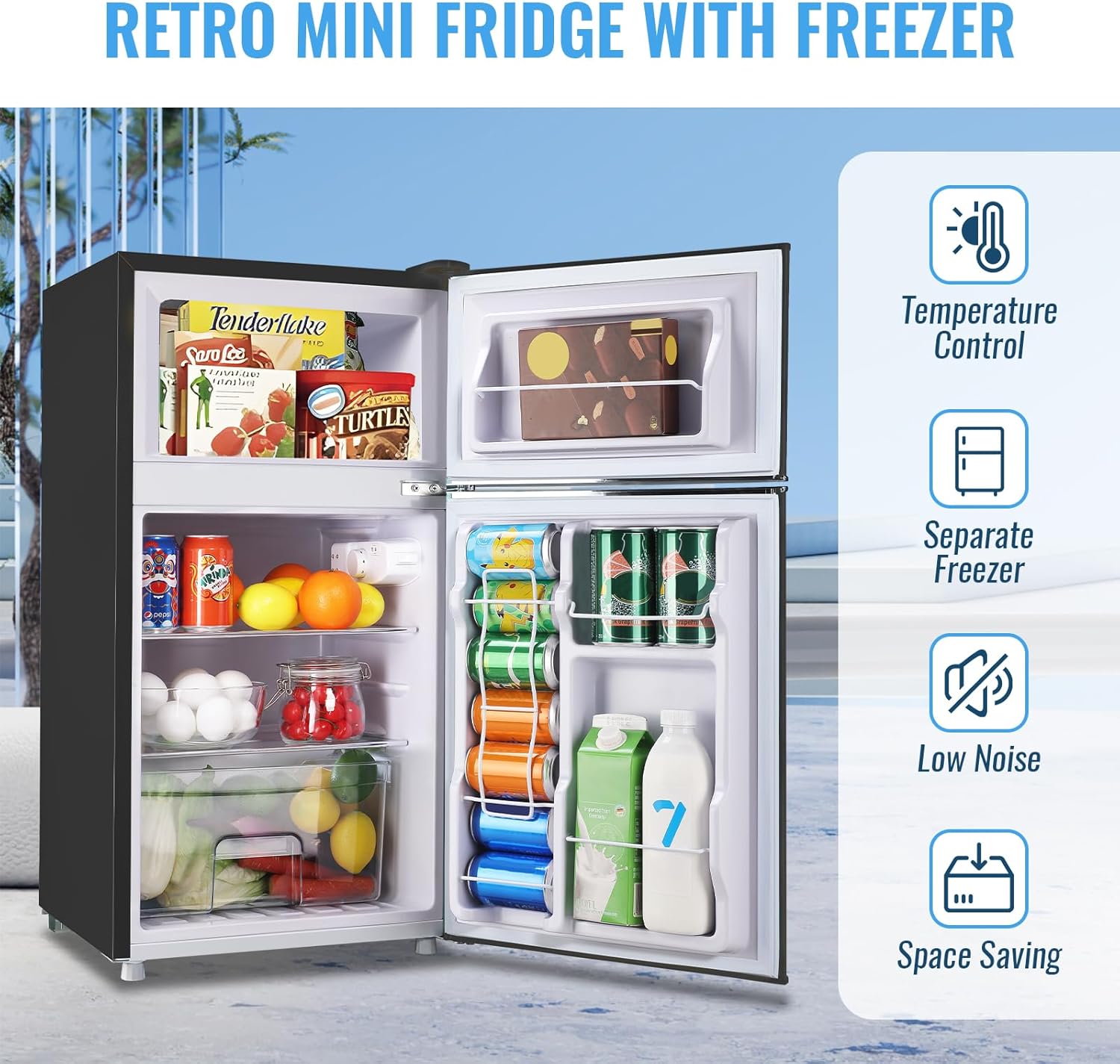 WANAI 3.5 Cu. Ft Mini Fridge with Freezer 2 Doors Small Refrigerator Freezer with Adjustable Thermostat, Shelves for Dorm, Office, Bedroom, Apartment Black