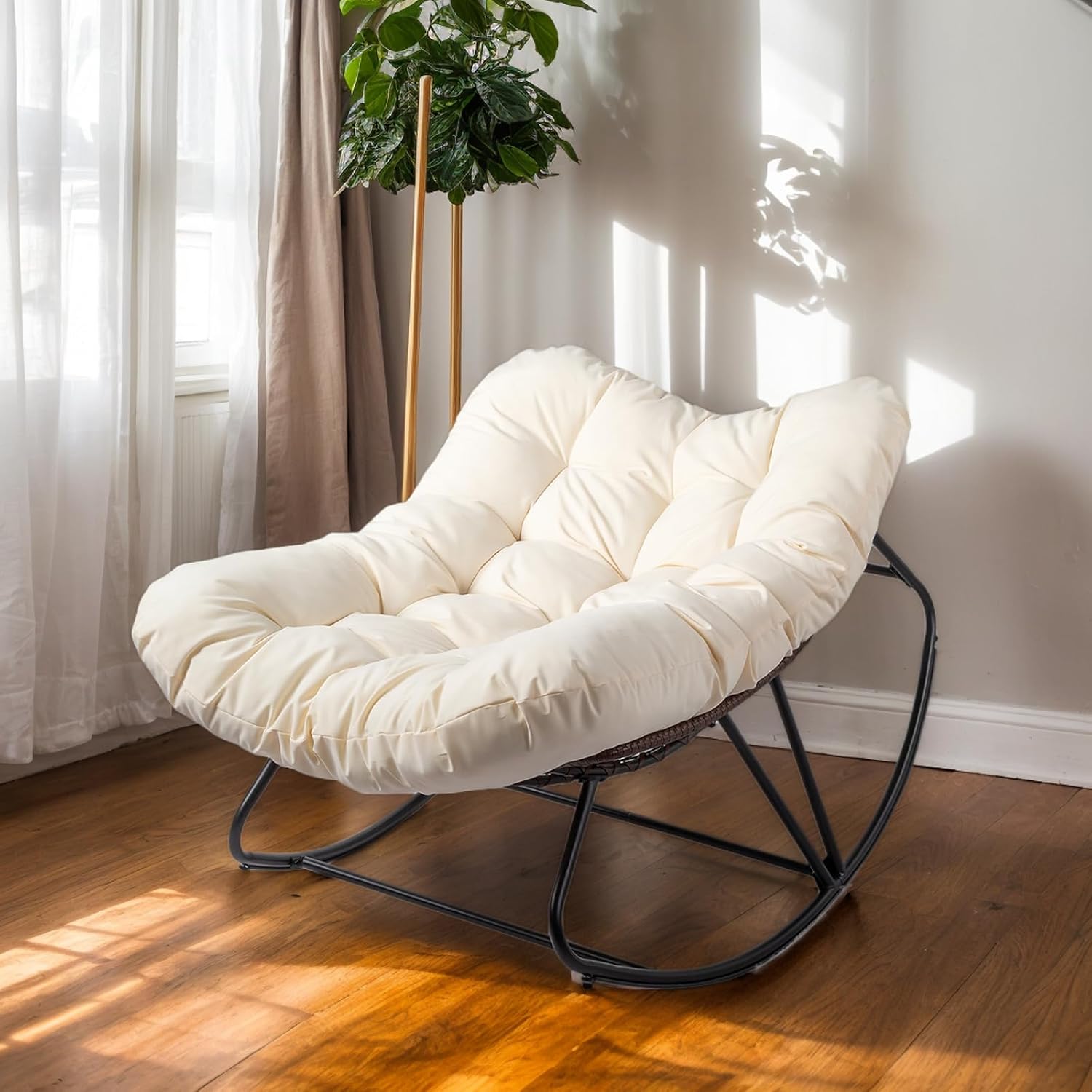 JOYBASE Outdoor Indoor Papasan Rocking Chair, Oversized Papasan Rocker with Cushion, Patio Wicker Comfy Egg Chair for Backyard Bedroom Living Room Lounge Reading (Beige)