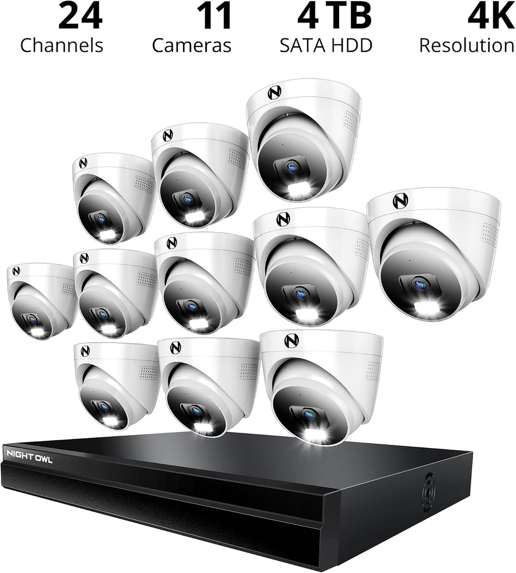 Night Owl Power Over Ethernet 24 Channel NVR Video Home Security Camera System with (11) Wired IP 4K HD Indoor/Outdoor Deterrence Dome Cameras and 4TB Hard Drive (11 Camera)