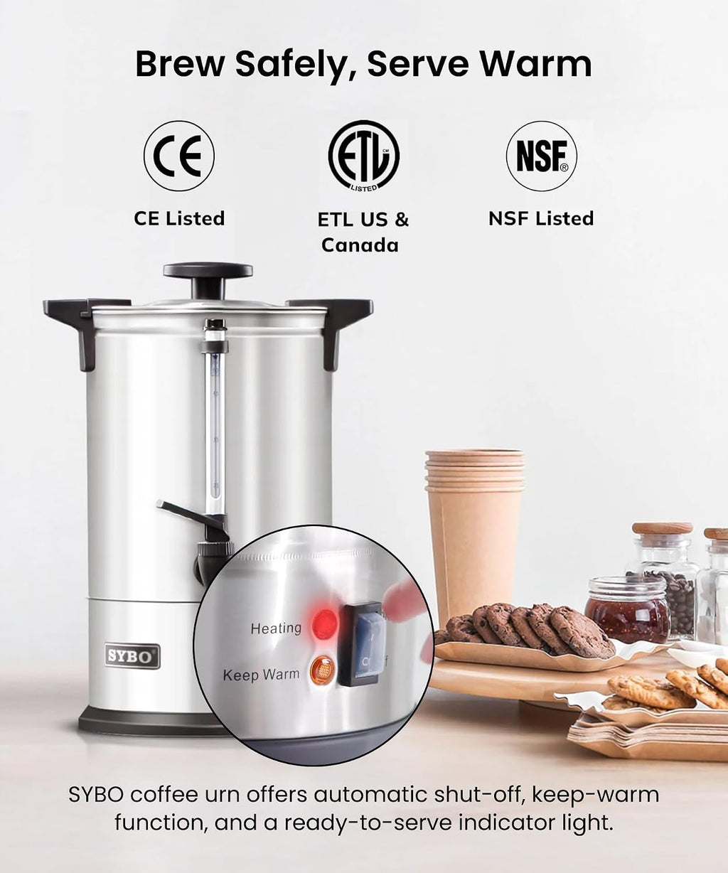 SYBO SR-CP Commercial Grade Stainless Steel Percolate Coffee Maker Hot Water Urn for Catering, 120-Cup 18 L, Metallic