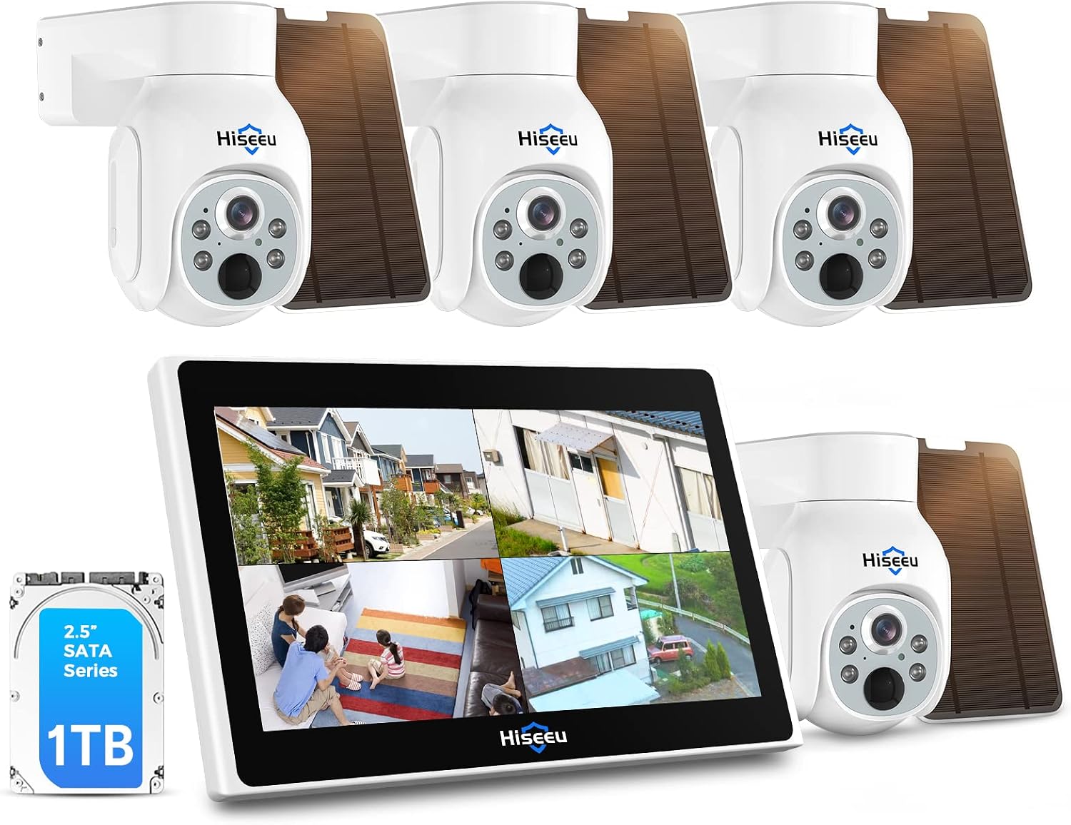 Hiseeu Solar Security Camera Outdoor, 4PCS 4MP Wireless Security Camera System with 10in LCD, 2-Way Audio, PT 360°, Night Vision, Motion Detection, 2.4G WiFi, No Subscription fee