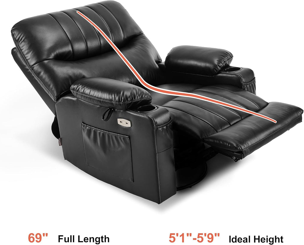MCombo Oversized Swivel Glider Rocker Power Recliner Chair for Living Room with Heat and Vibration Massage, USB Ports, Cup Holders and Pockets, Faux Leather 7785 (Black)