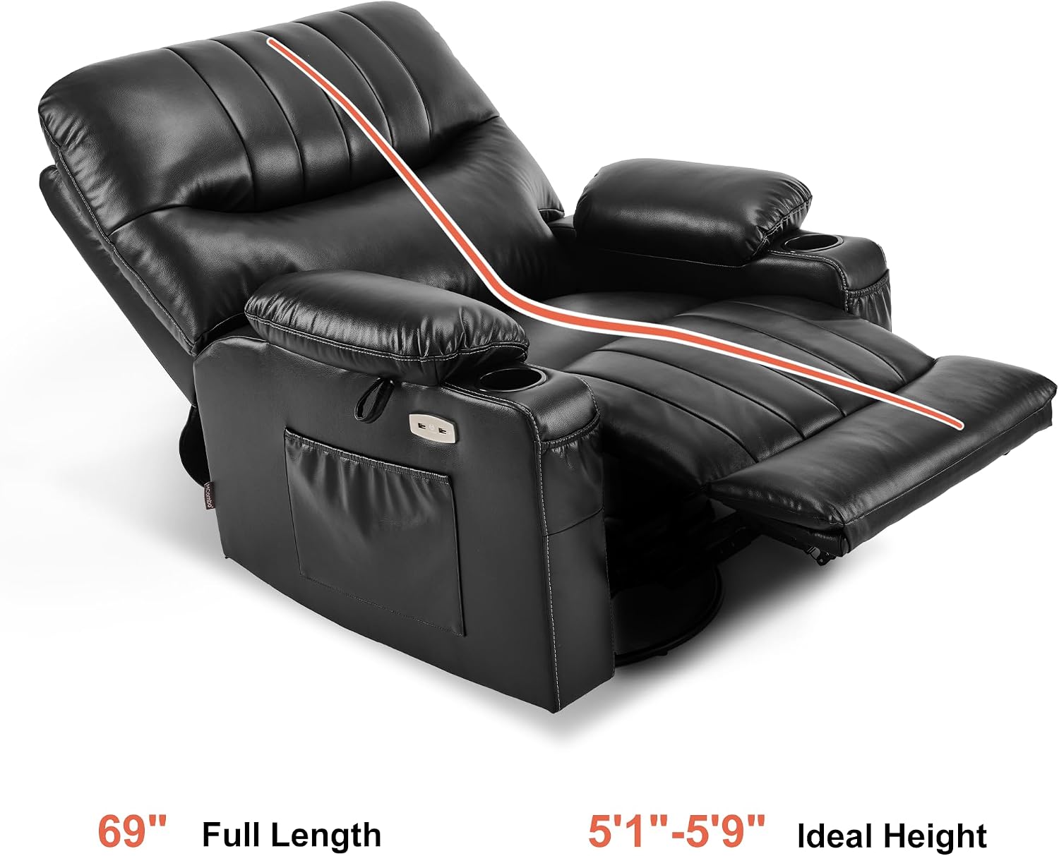 MCombo Oversized Swivel Glider Rocker Power Recliner Chair for Living Room with Heat and Vibration Massage, USB Ports, Cup Holders and Pockets, Faux Leather 7785 (Black)