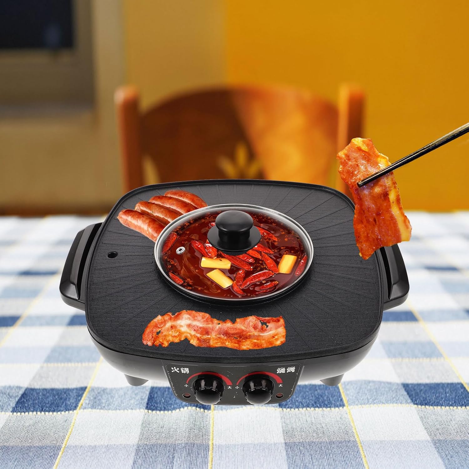 COLLBATH Electric Hot Pot Grill Multi-function Cooker with Smokeless Non-stick Coating Temperature Control for Home and Restaurant Use Black Color with Triangle Plug