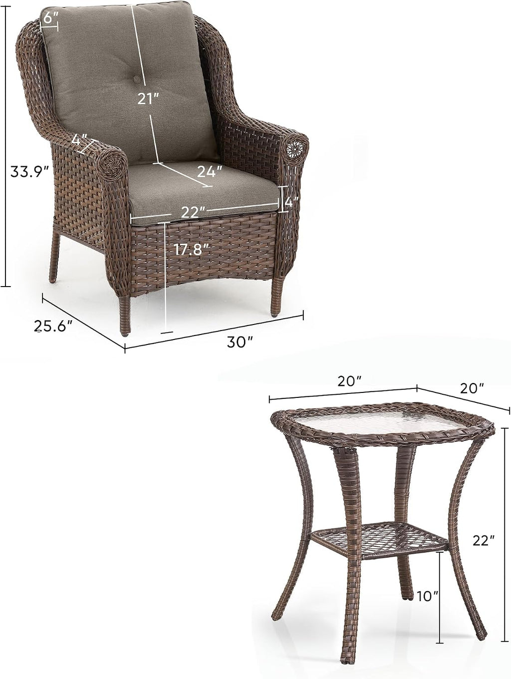 3 Piece Patio Brown Wicker Chairs with Side Table - Outdoor High Back Heavy Duty All-Weather Lawn Dining Rattan Chair Conversation Bistro Set for Deck Porch Balcony Backyard Garden - Grey